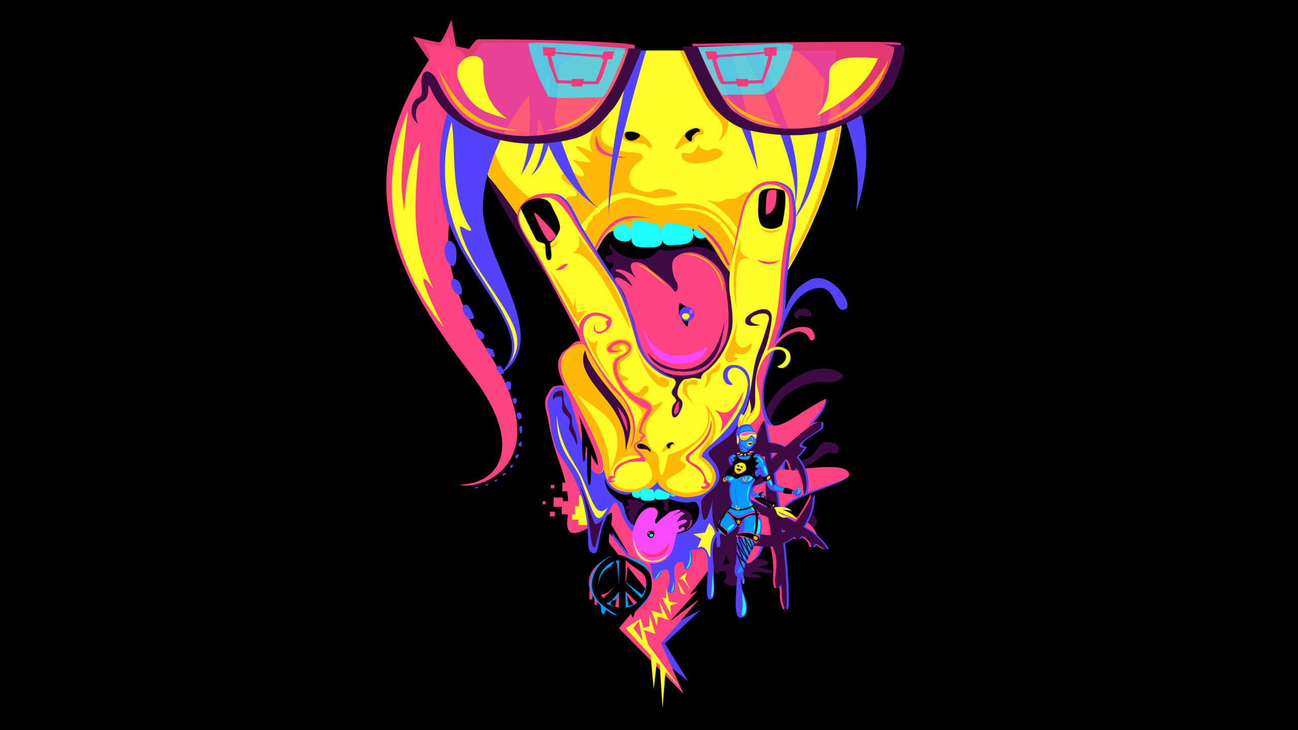 Diplo 女性舌穿孔藝術 壁紙 — 一個充滿活力的螢光黃色臉孔，戴著超大太陽眼鏡並伸出舌頭，在黑色背景上滴落色彩繽紛的塗鴉。