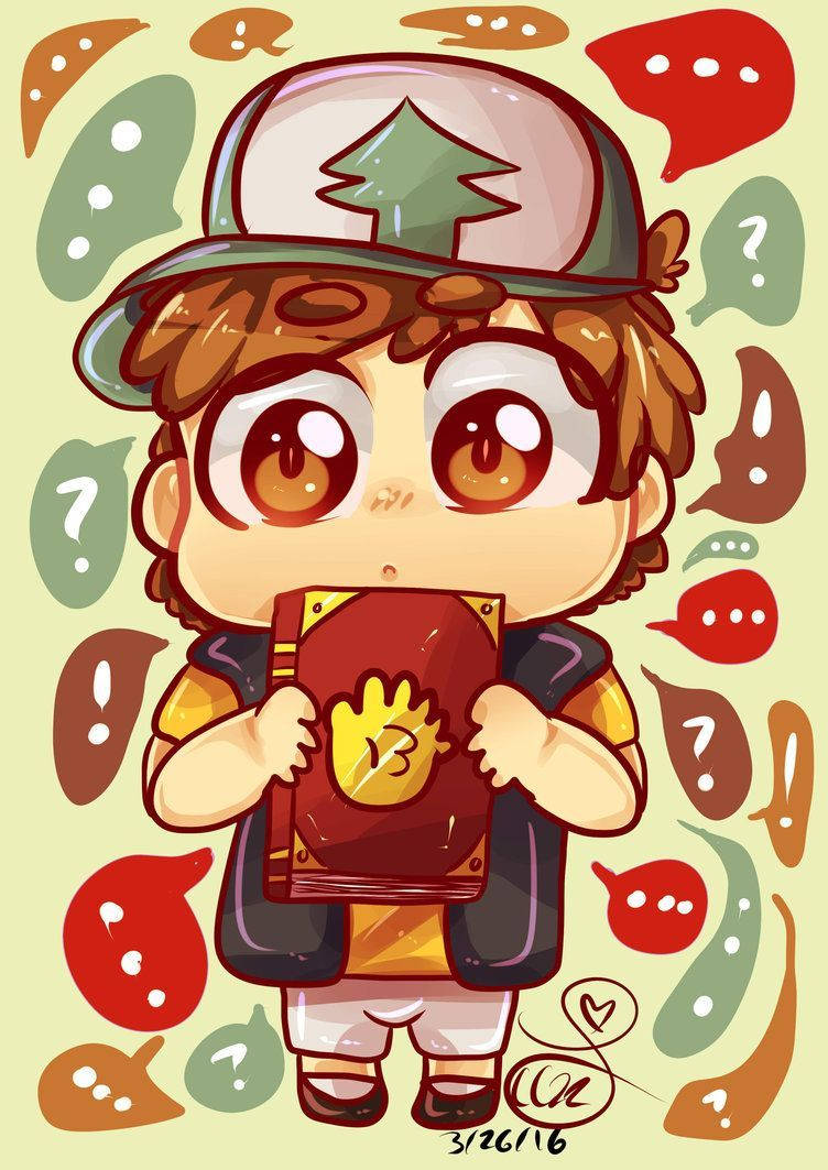Dipper Pines Q版藝術 壁紙 — 一個戴著樹帽的Q版男孩拿著一本紅色的書，周圍環繞著帶有問號和感嘆號的彩色對話氣泡。
