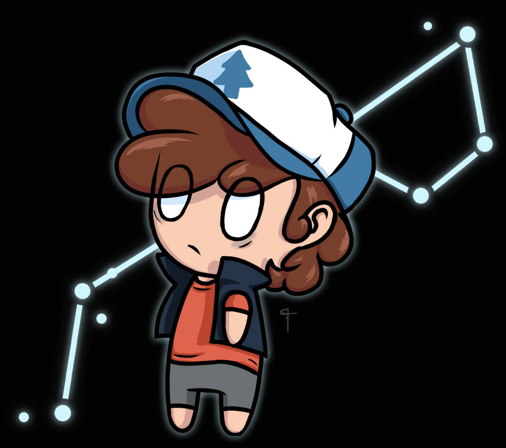 Dipper Pines 可愛數位藝術 壁紙 — 一個棕色頭髮、戴著樹標誌帽子的Q版角色，在黑色背景上凝視著發光的星座。