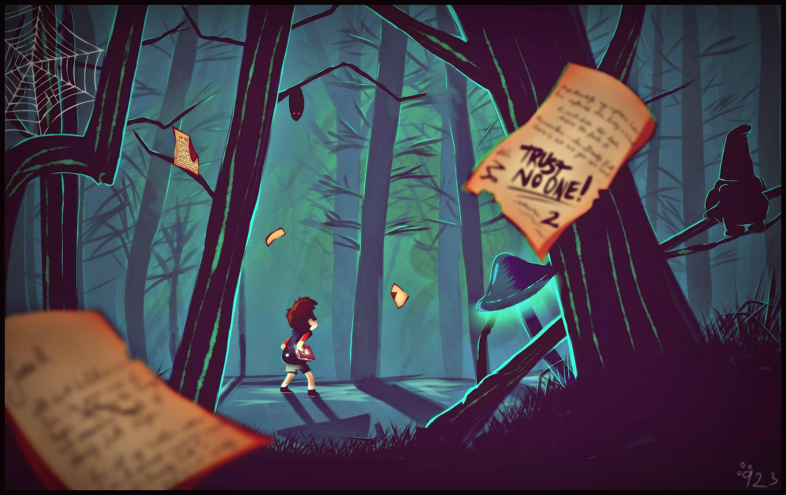 Dipper Pines 恐怖森林 壁紙 — 一個小孩獨自走過陰暗詭異的森林，森林裡有發光的蘑菇和漂浮的手寫便條，警告不要相信任何人。