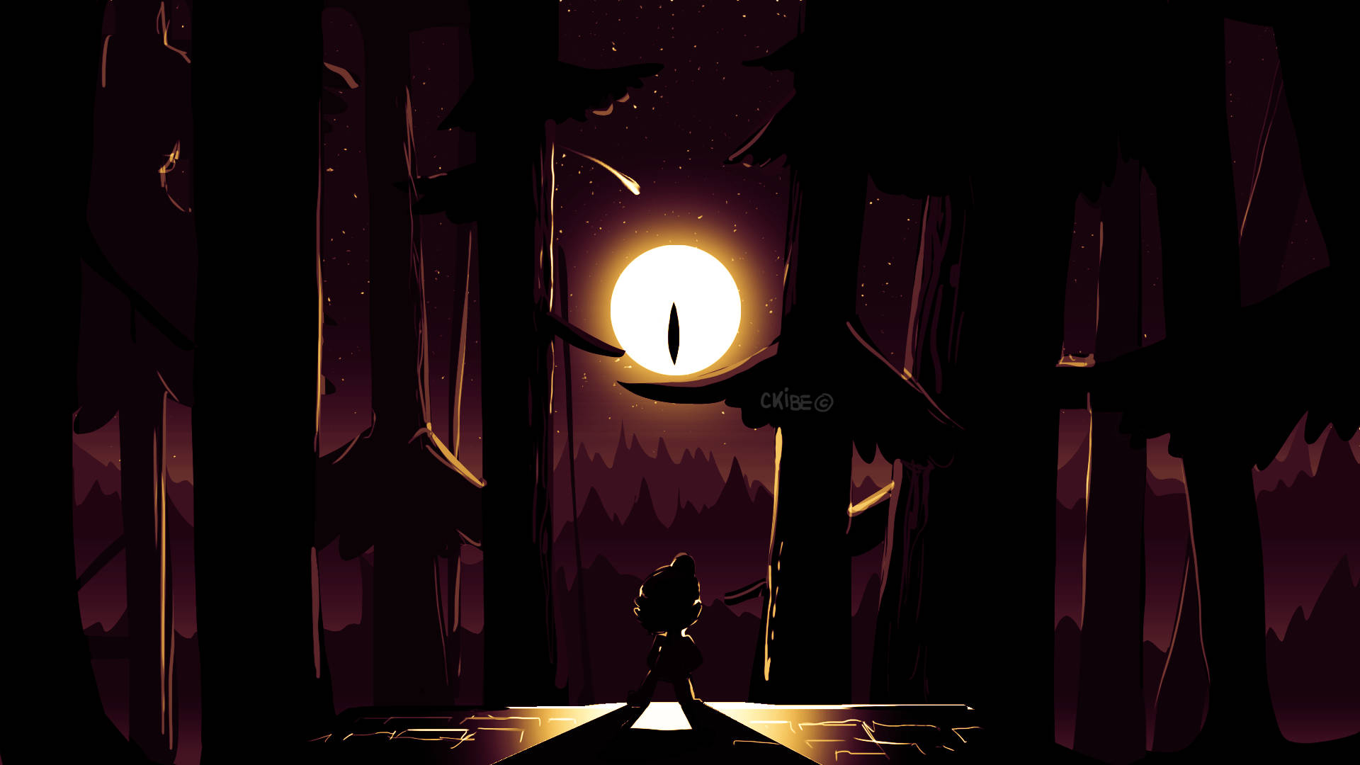 Dipper Pines 暗黑藝術月夜 壁紙 — 一個孤獨的身影夜晚站在黑暗的森林中，仰望一輪形狀像貓眼的發光月亮。