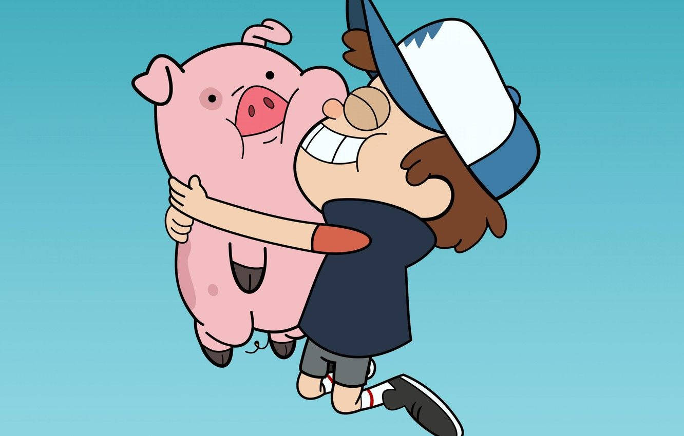 Dipper Pines 與小豬Waddles 壁紙 — 一個戴帽子的快樂卡通男孩在純青色背景上擁抱一隻微笑的粉紅色豬。