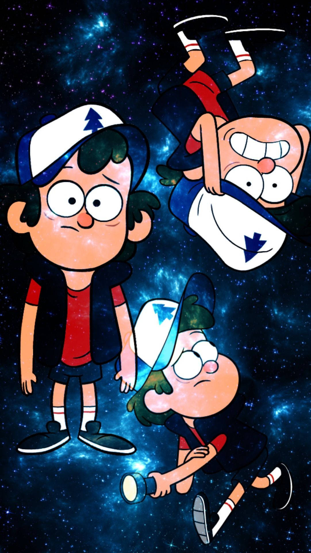Dipper Pines 藍色星系 壁紙 — 三個卡通小孩在充滿活力的星空銀河中漂浮，戴著相配的帽子和服裝。
