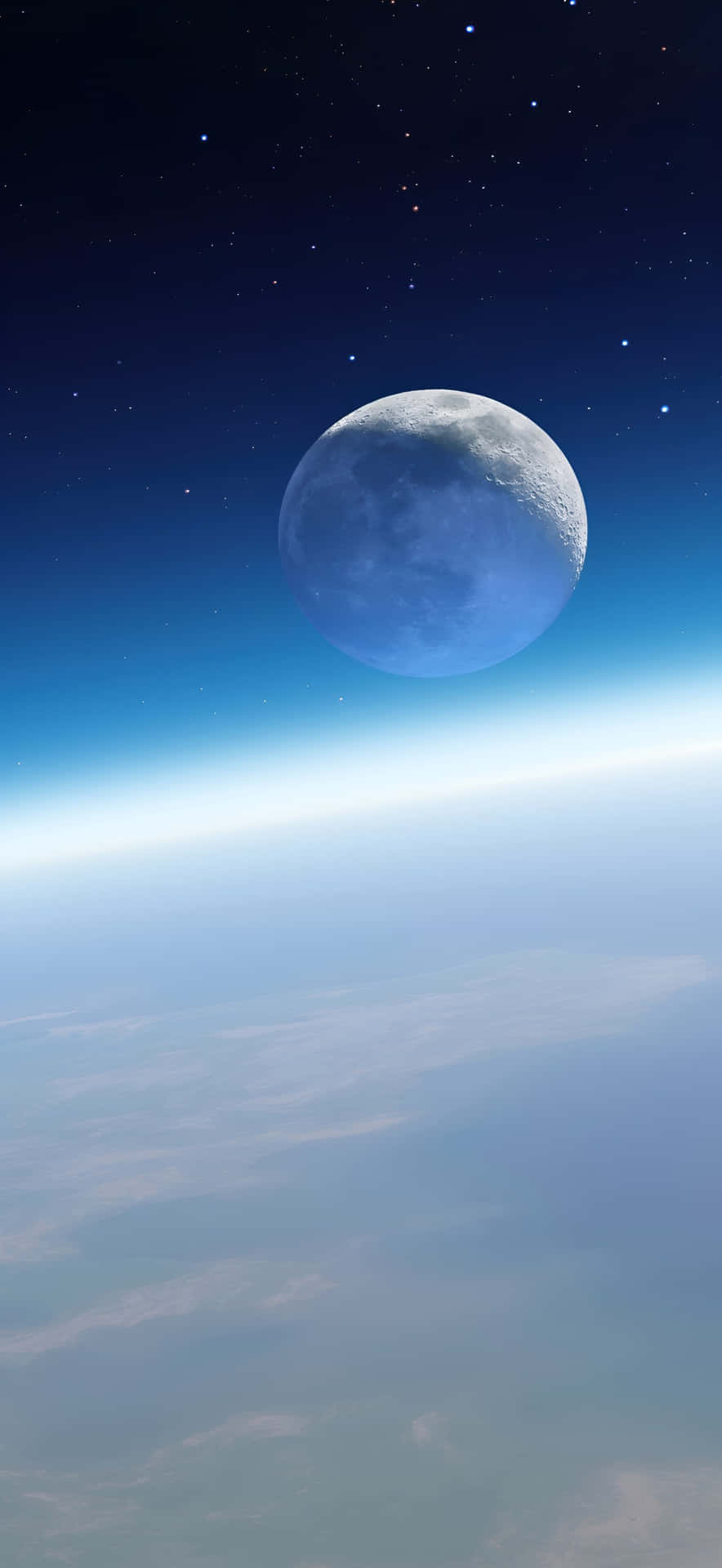  壁紙 — 地球彎曲地平線的寧靜景象，一個巨大而詳細的月亮漂浮在繁星點點的夜空之上。