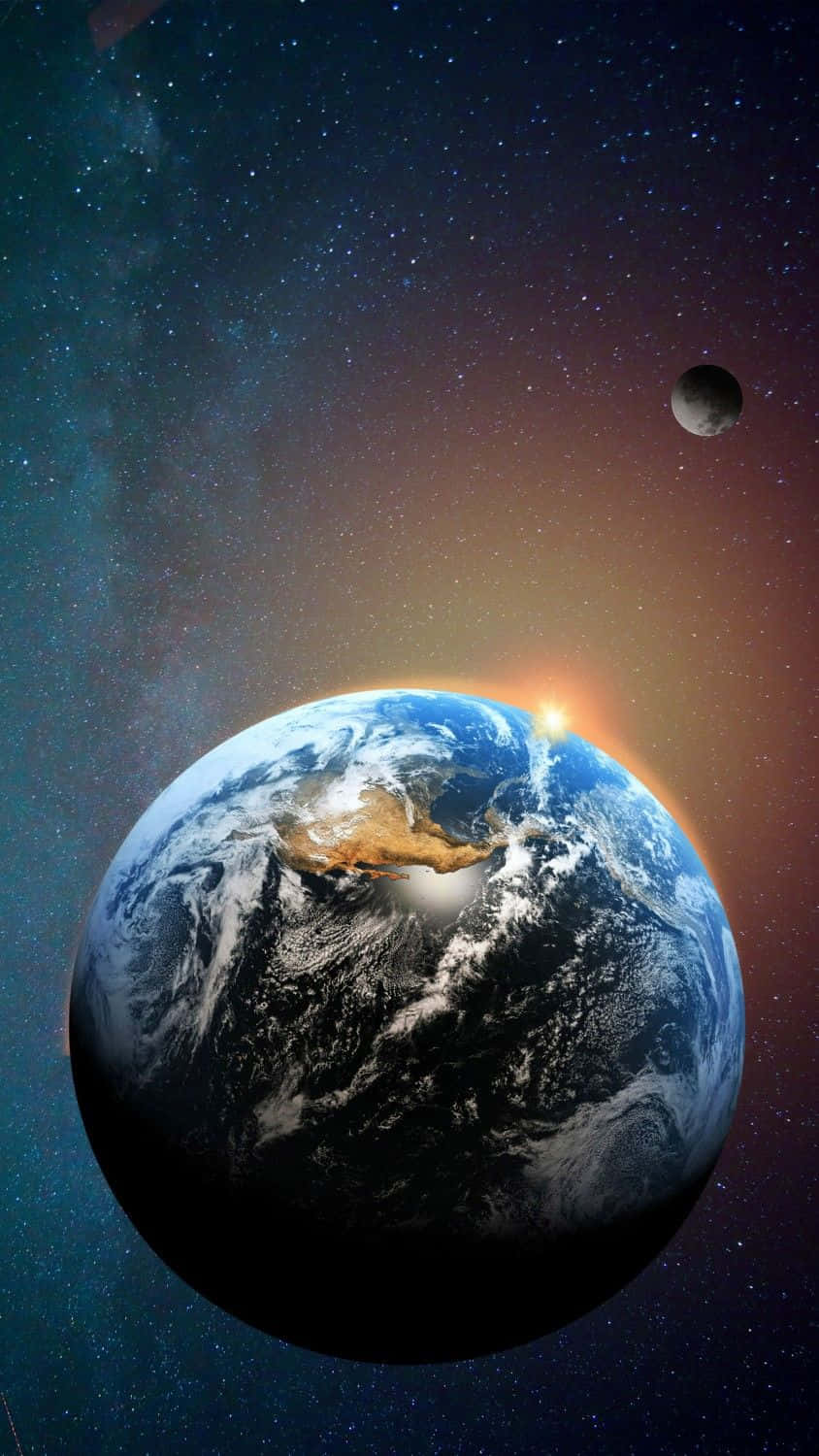  壁紙 — 地球在日出時發光，背景是繁星點點的宇宙，遠處有一輪月亮。