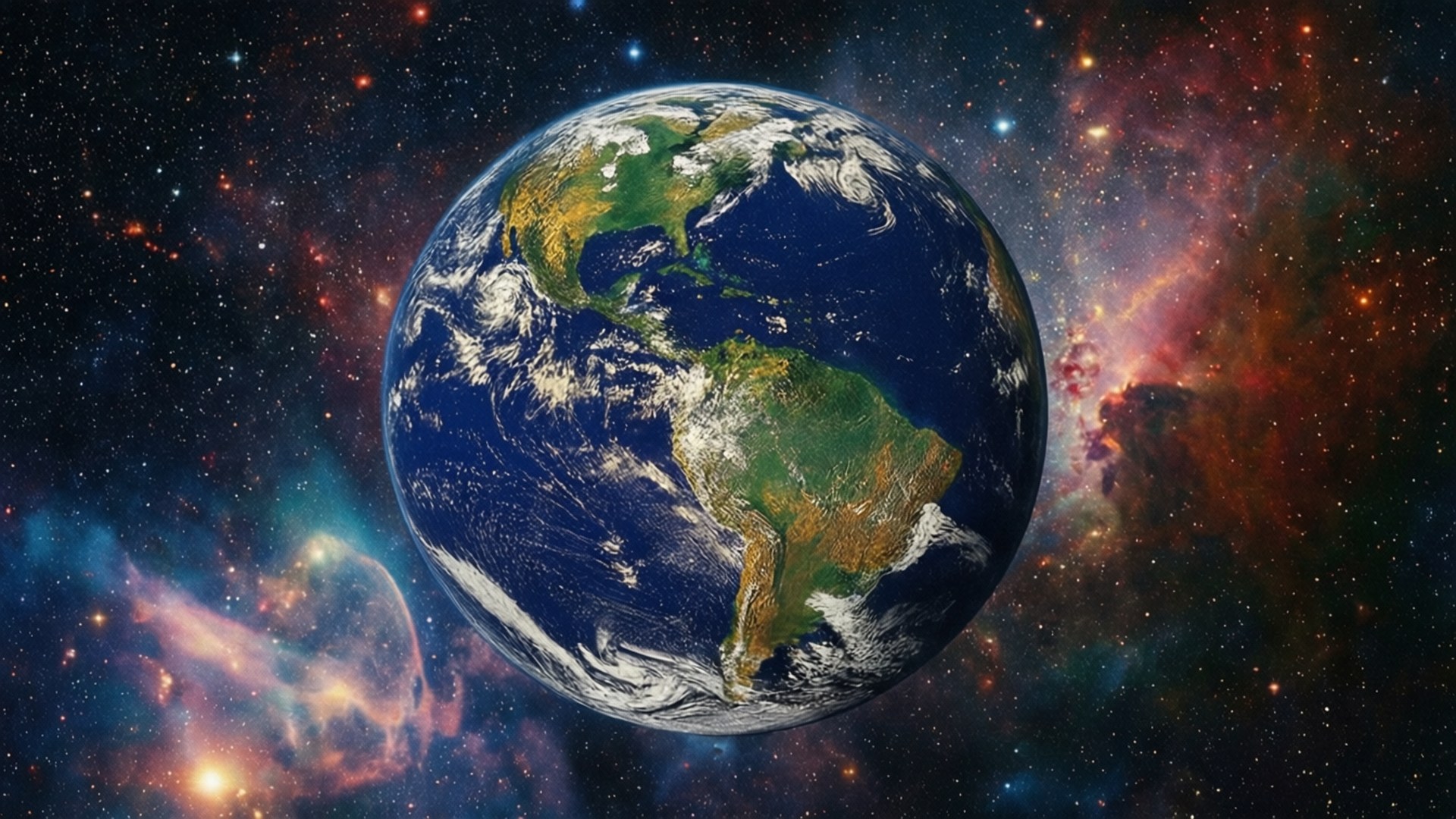 從太空觀看地球，背景有色彩繽紛的星雲和星星。