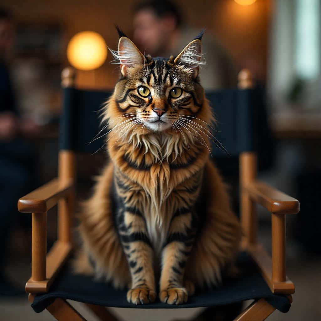 Director Main Coon 壁紙 — 一隻毛茸茸嘅虎斑貓，有搶眼嘅綠色眼睛，威嚴咁坐喺溫暖光線嘅房間入面嘅木製導演椅上。