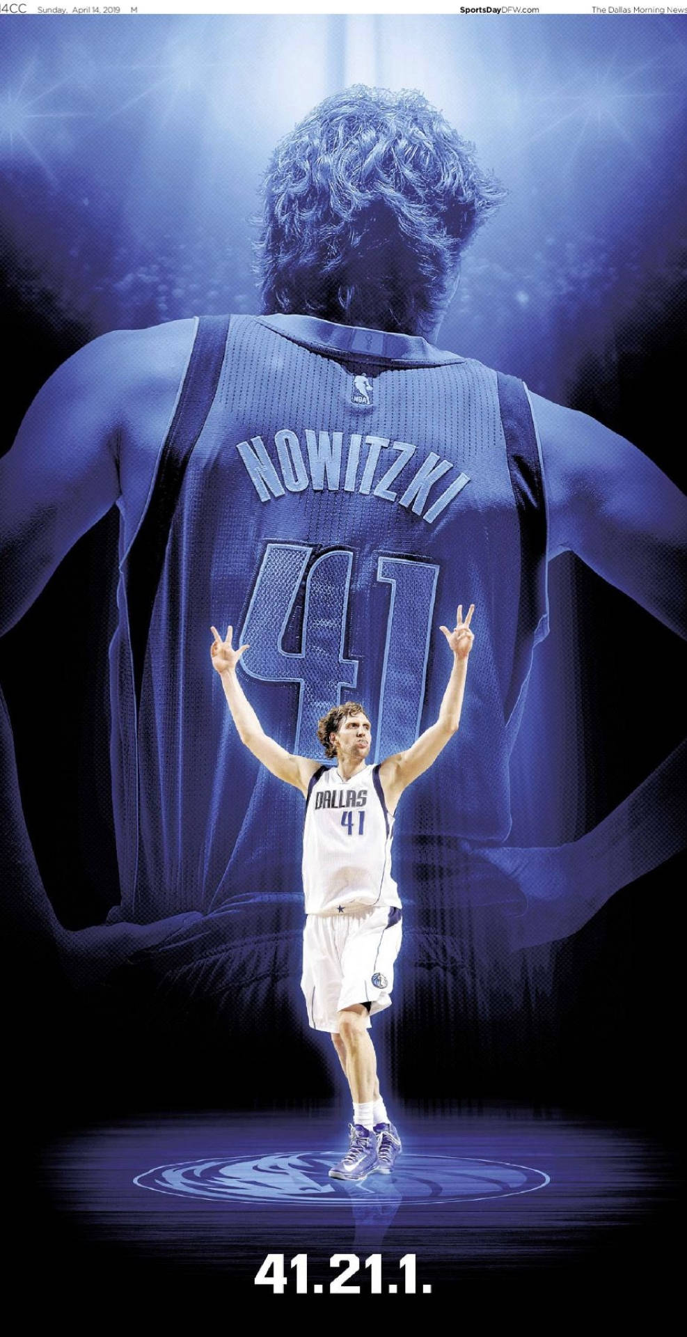 Dirk Nowitzki 41.21.1 藝術圖 壁紙 — 一位身穿白色達拉斯球衣、背號41的籃球運動員站在發光的球場上，高舉雙臂慶祝勝利，身後有自己巨大的藍色剪影。