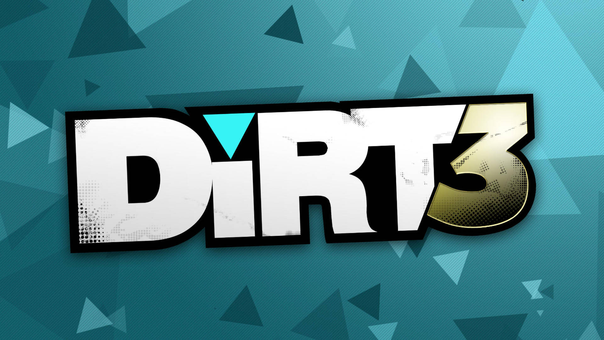 Dirt 3 Logo 藍色背景 壁紙 — 大膽的「DiRT 3」標誌，搭配白金色和藍綠色三角形背景，採用數位藝術風格。