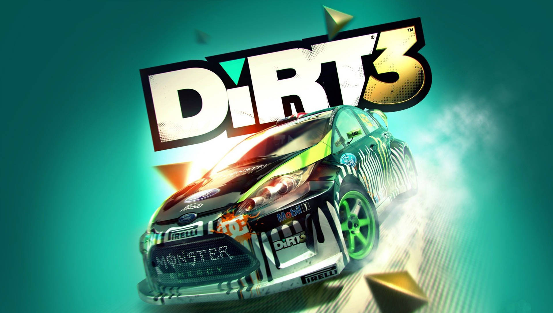 Dirt 3 宣傳海報 壁紙 — 一輛帶有Monster Energy品牌的鮮豔拉力賽車在青綠色照明的抽象環境中疾馳，下方是醒目的DIRT 3標誌。