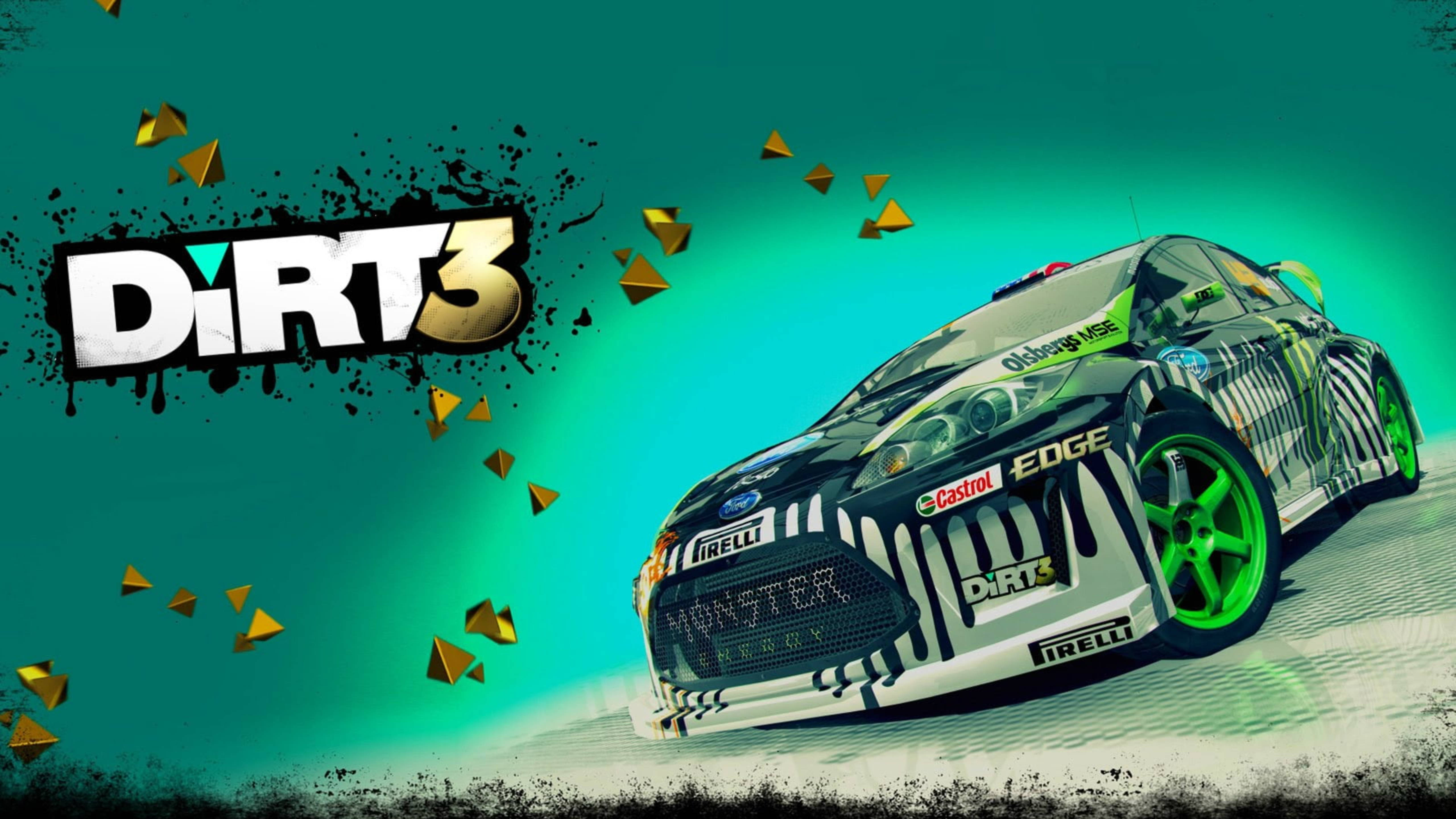 《Dirt 3》標誌與福特車型 壁紙 — 一輛高性能拉力賽車，配備綠色車輪和Monster Energy塗裝，在紋理賽道上疾馳，背景為充滿活力的青綠色，帶有金色三角形和Dirt 3標誌。