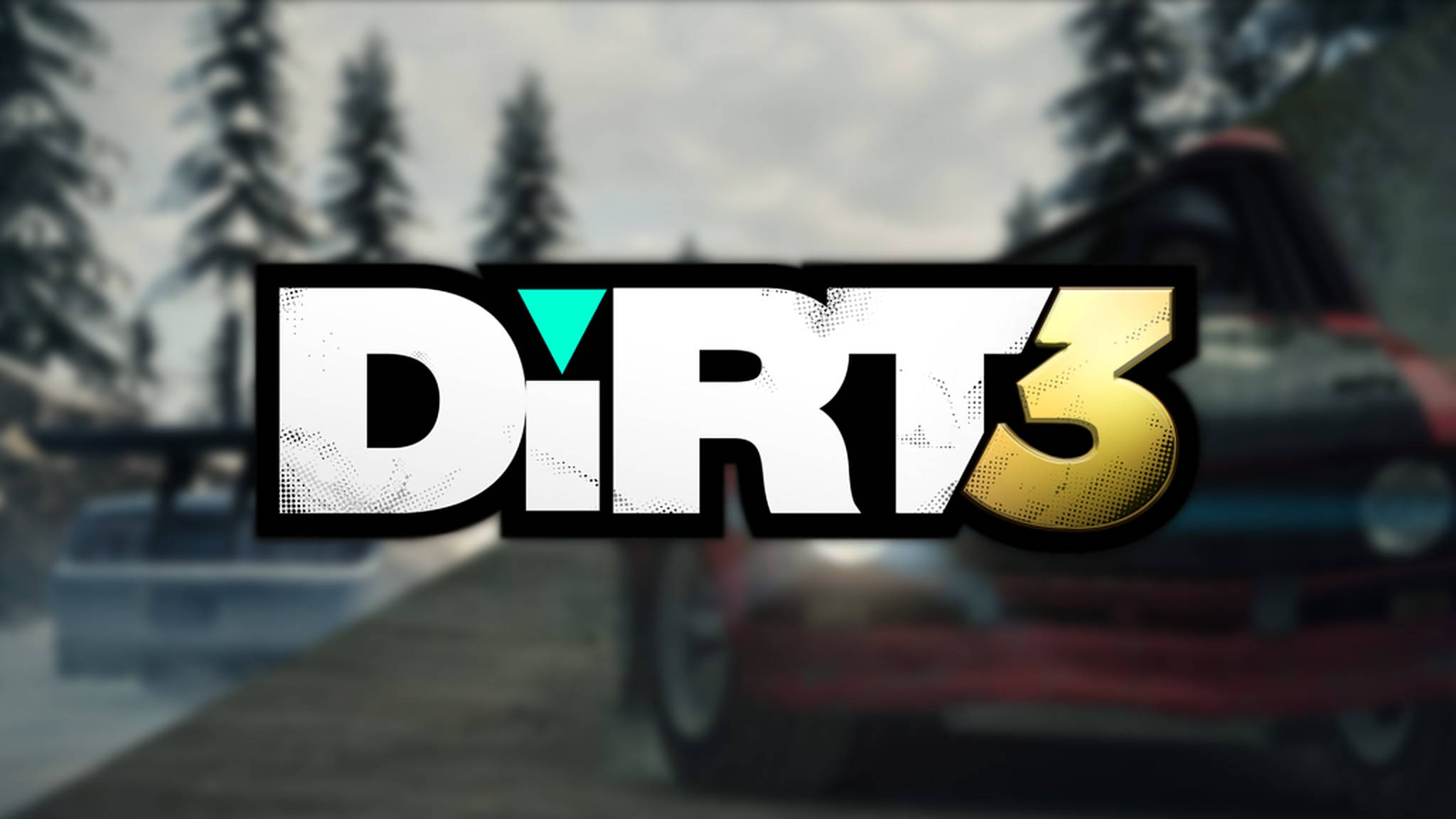 Dirt 3 模糊背景 壁紙 — Dirt 3 標誌主導了一個模糊的越野賽車場景，其中有松樹和泥濘地形。