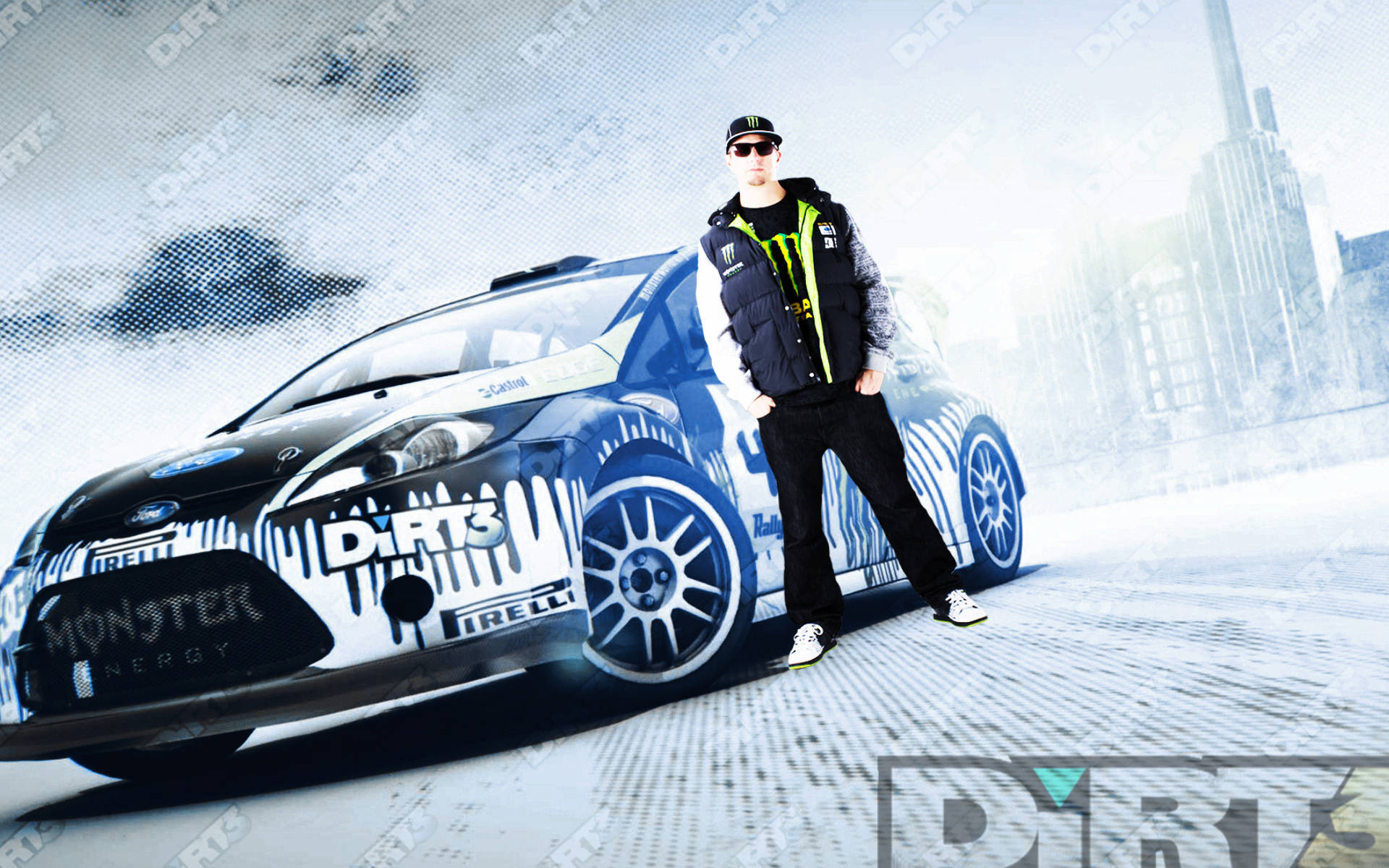 Dirt 3 男子與福特 壁紙 — 一名穿著Monster Energy背心的年輕男子自信地站在一輛印有Dirt 3標誌的藍白拉力賽車旁，背景是積雪的都市街道。