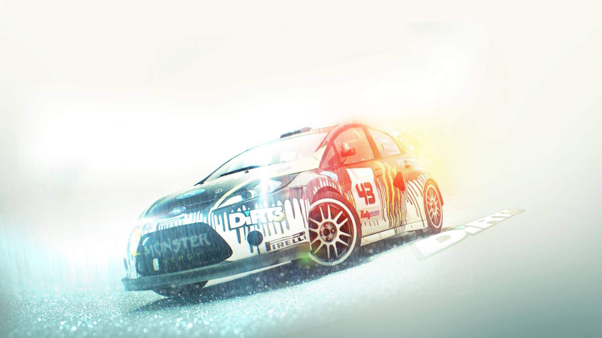 Dirt 3 福特發光 壁紙 — 一輛白色拉力賽車（編號43）飛馳穿過雪堆，留下一道飛濺的水花和發光的光跡。