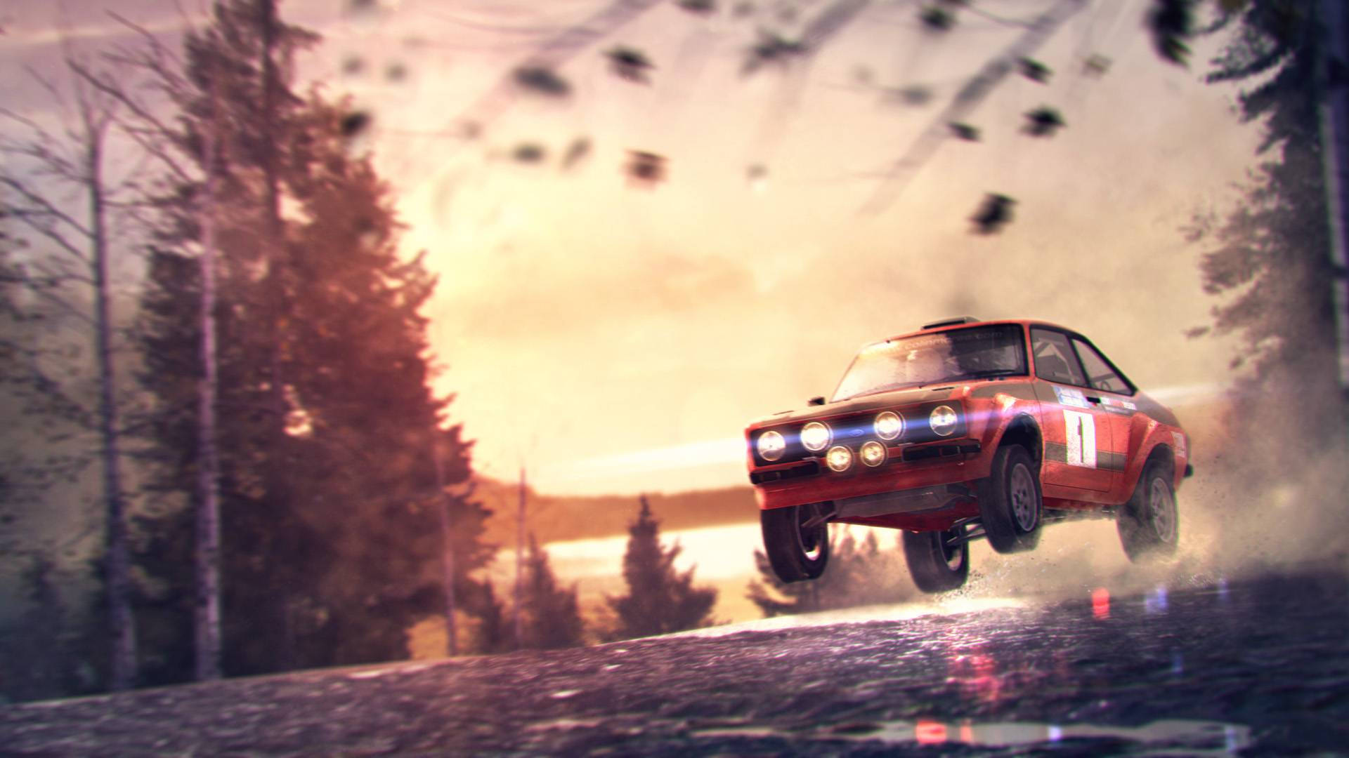 Dirt 3 福特越野飛躍 壁紙 — 一輛紅色拉力賽車在日落時分飛躍森林中的泥路，松樹和飛揚的碎片呈現動態模糊效果。