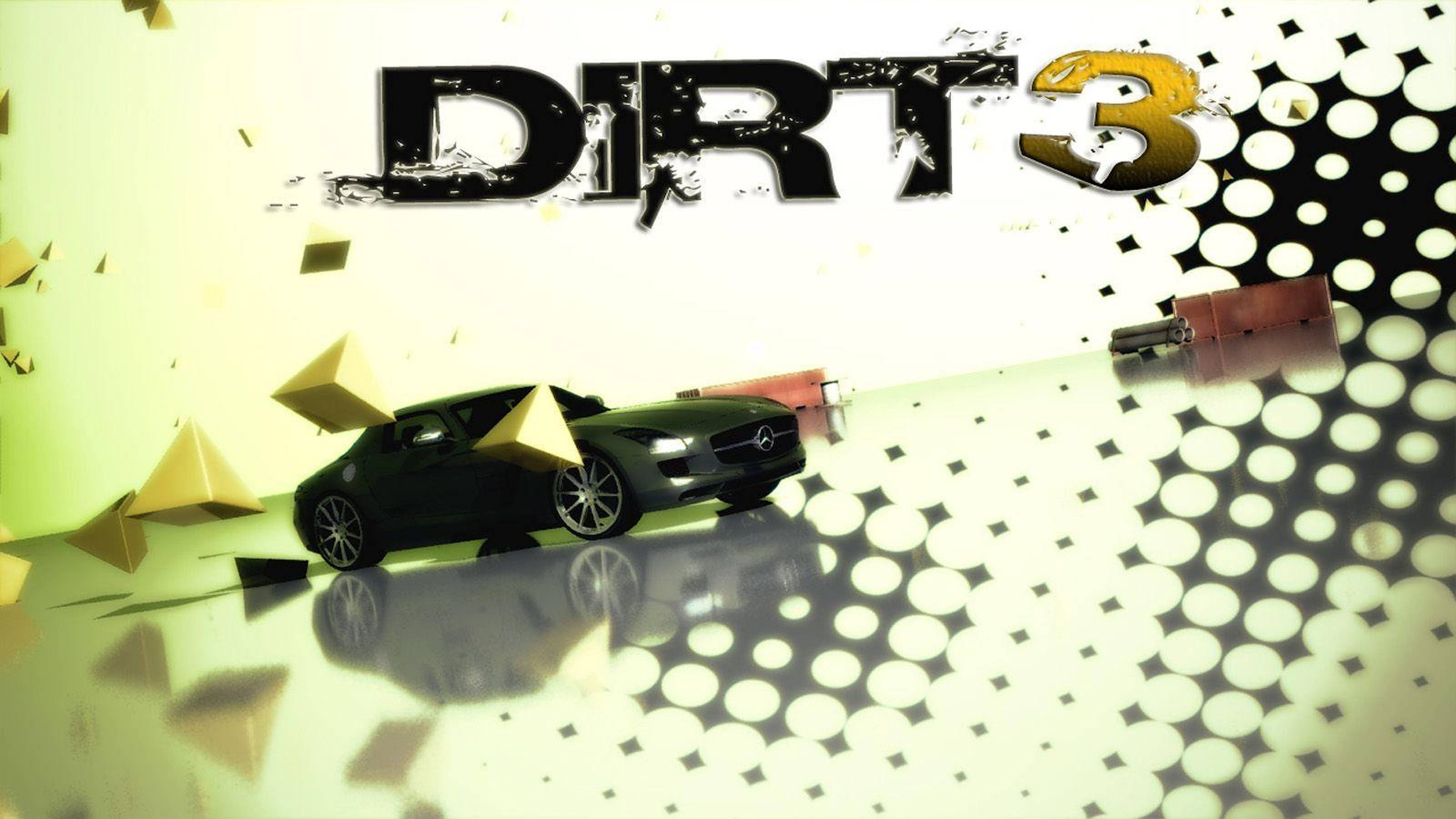 Dirt 3 黑色梅賽德斯賽車 壁紙 — 一輛時尚的黑色跑車在帶有幾何形狀和粗體風格文字遊戲標題 DIRT 3 的反射表面上飛馳。