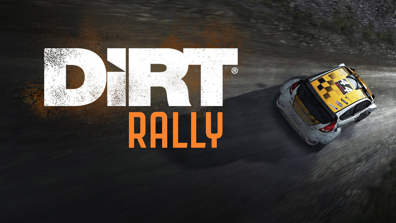 Dirt Rally 遊戲海報 壁紙 — 一輛帶有黃色棋盤格車頂的拉力賽車在泥濘地形中疾馳，'DIRT RALLY' 標誌在身後濺起泥漿。