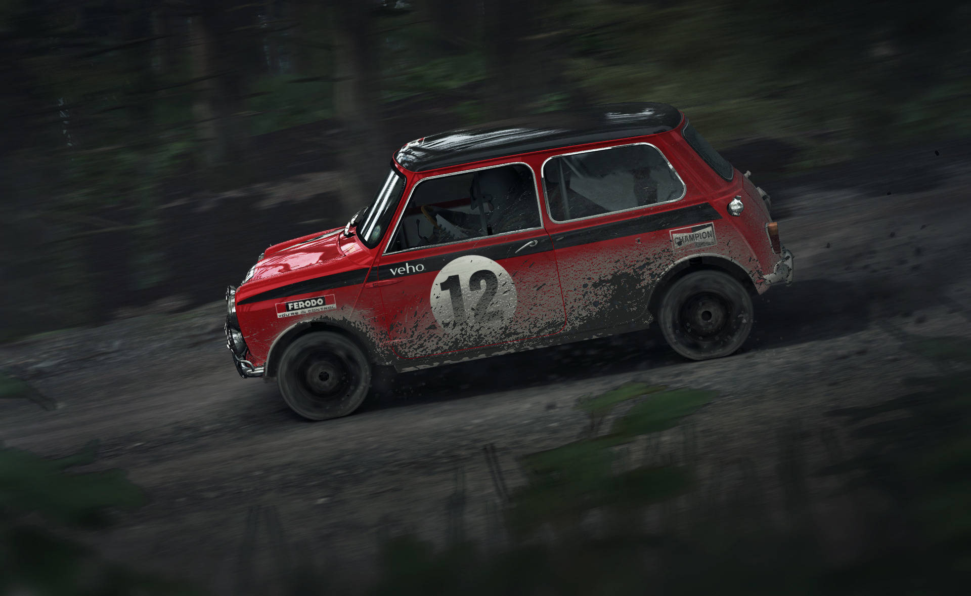 Dirt Rally 賽車泥濘競速的腎上腺素爆發 壁紙 — 一輛紅色拉力賽迷你谷巴在黃昏時分飛馳於森林泥路，濺起泥漿。