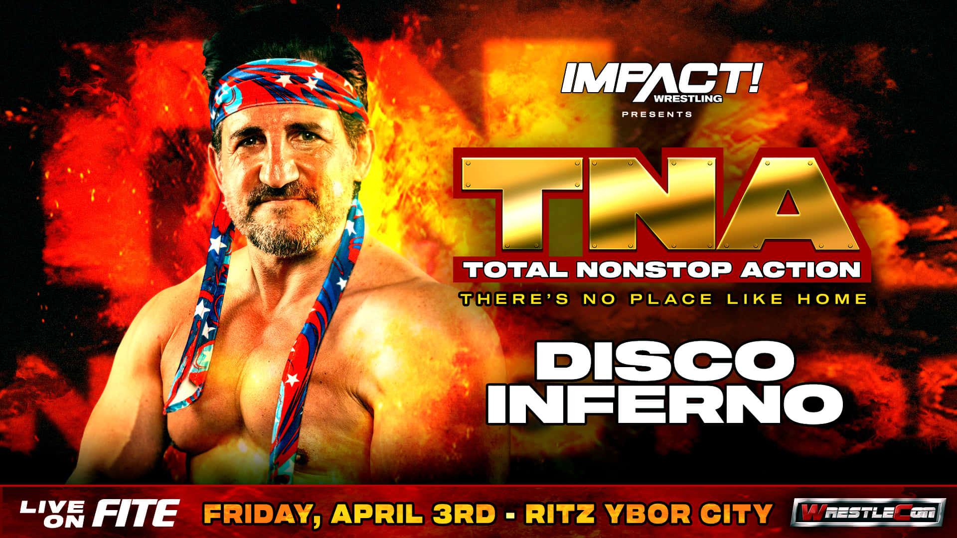 美國職業摔角手Disco Inferno TNA Impact宣傳海報 壁紙 — 一位肌肉發達的摔角手戴著愛國頭帶，站在熾熱的背景前，宣傳TNA的「Disco Inferno」活動。