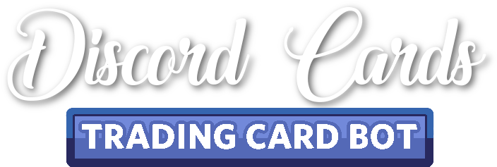 Discord Cards 交易機器人標誌 壁紙 — 優雅的白色草書文字在黑色背景上顯示 Discord Cards，上方有一個藍色漸變按鈕，標有 TRADING CARD BOT。
