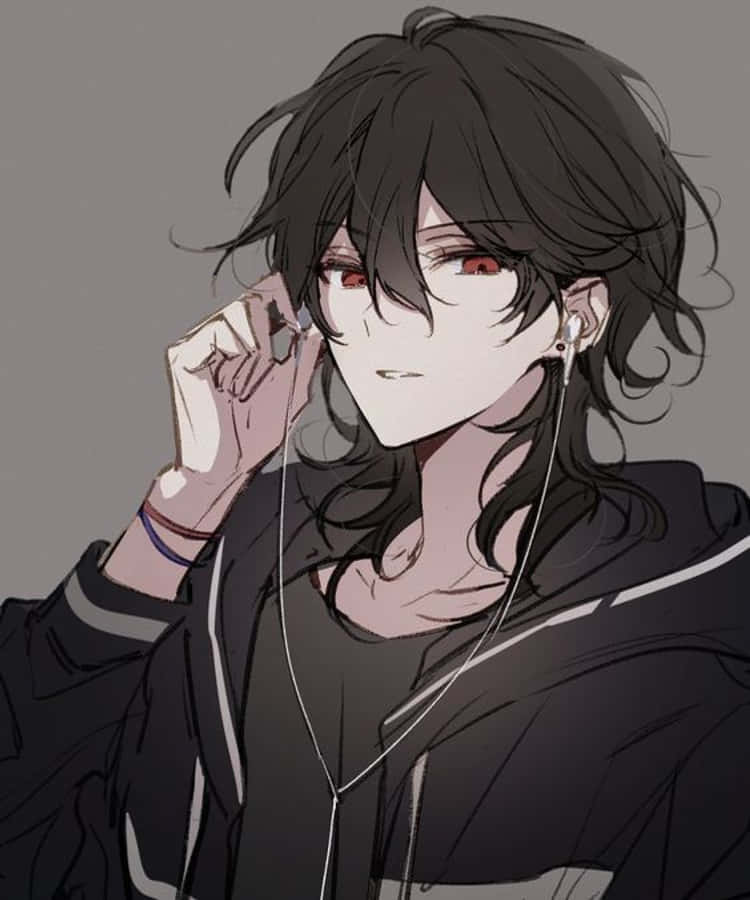 黑衣動漫男孩聽音樂 Discord 頭像 壁紙 — 一個年輕的動漫男性，黑髮紅眼，戴著白色耳機聽音樂，身穿黑色連帽衫。