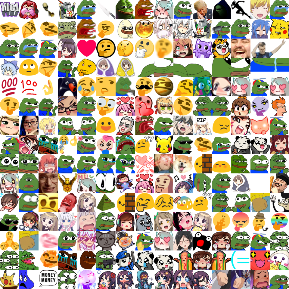 Discord Emoji拼貼圖 壁紙 — 一個混亂的拼貼畫，包含網絡迷因和表情符號， featuring Pepe the Frog、Pikachu 和各種動漫角色以富有表現力的姿勢呈現。