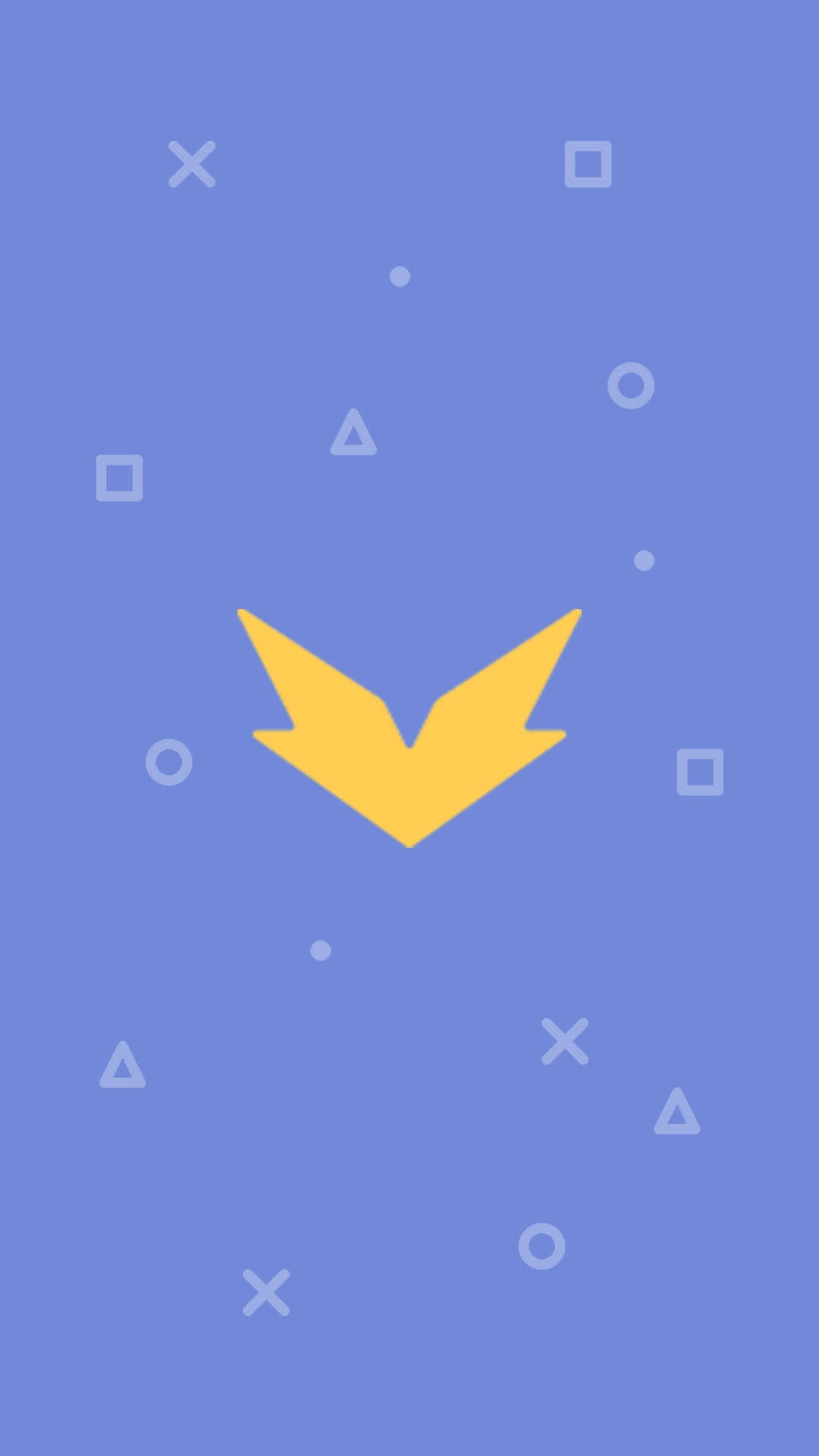 Discord Hypesquad 標誌 壁紙 — 一個極簡的藍色背景，中央有一個黃色向下箭頭，周圍散落著白色幾何形狀。