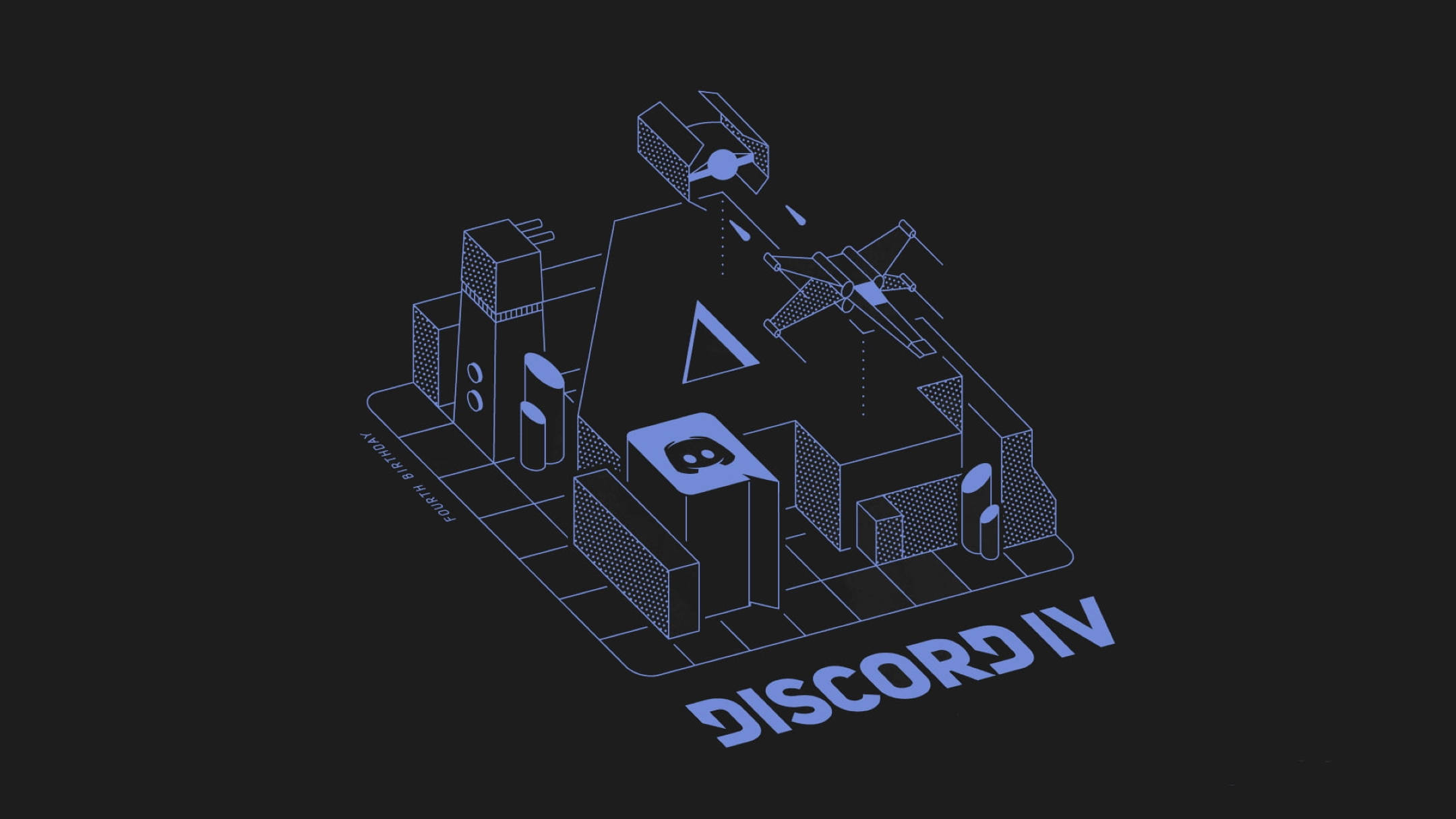 Discord IV 3D 藝術 壁紙 — 一幅極簡風格的藍色線條藝術插圖，描繪未來主義城市景觀，包含幾何建築物和飛行車輛，背景為深色。