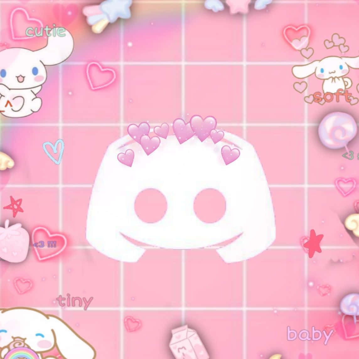Discord Logo 粉色美學 壁紙 — 一個可愛的白色 Discord 標誌，周圍環繞著粉紅色心形和 Cinnamoroll 角色，背景為粉彩粉紅色網格。