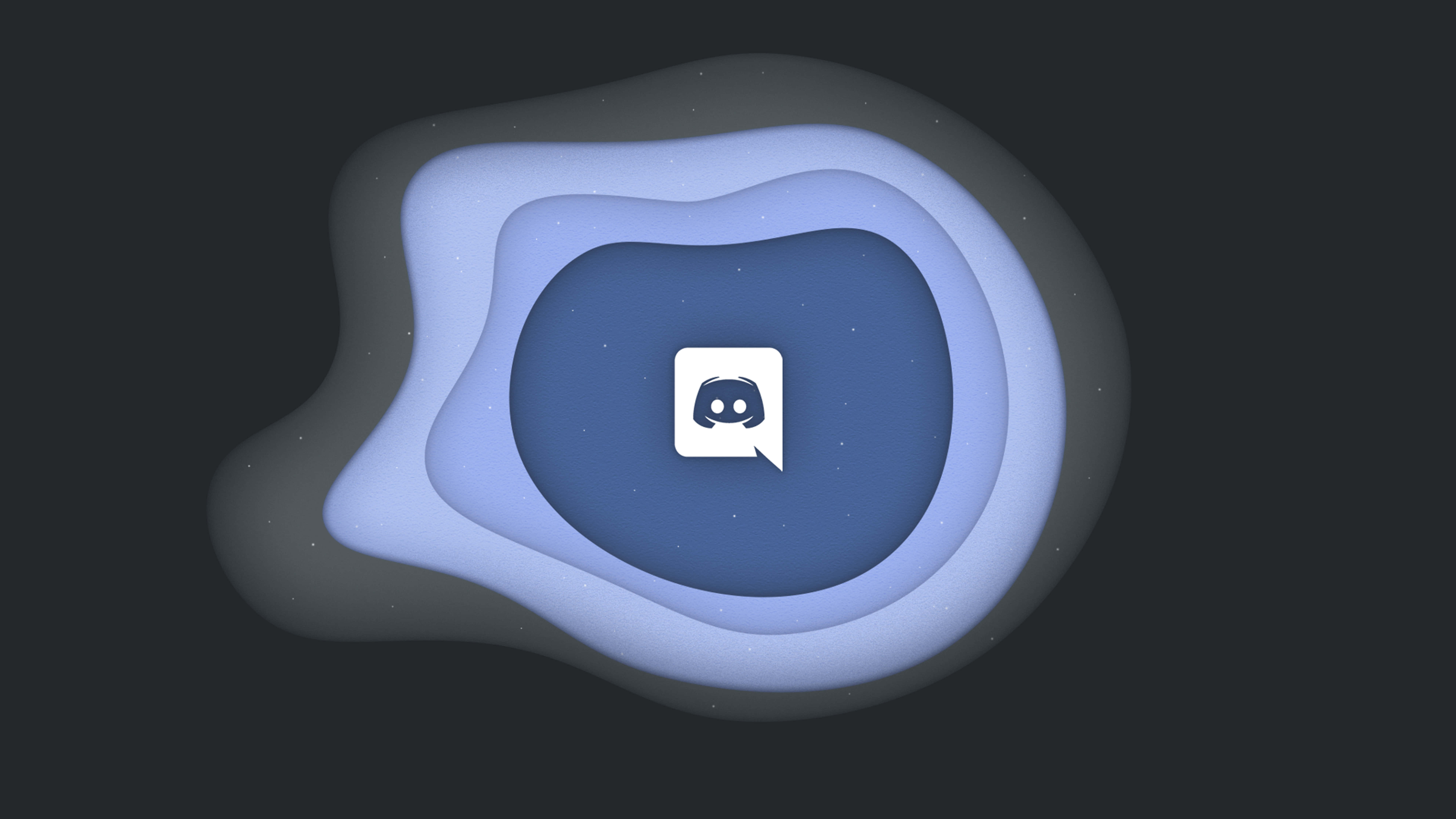 Discord 標誌藍色版本 壁紙 — 一個Discord標誌居中於深色背景上的分層藍色抽象形狀中。