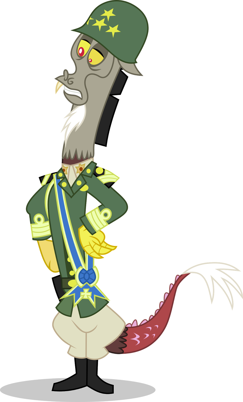 Discord_軍事制服_動畫角色.PNG 壁紙 — 一隻卡通鱷魚穿著綠色軍裝，上面有星星和勳章，自信地站在黑色背景前。