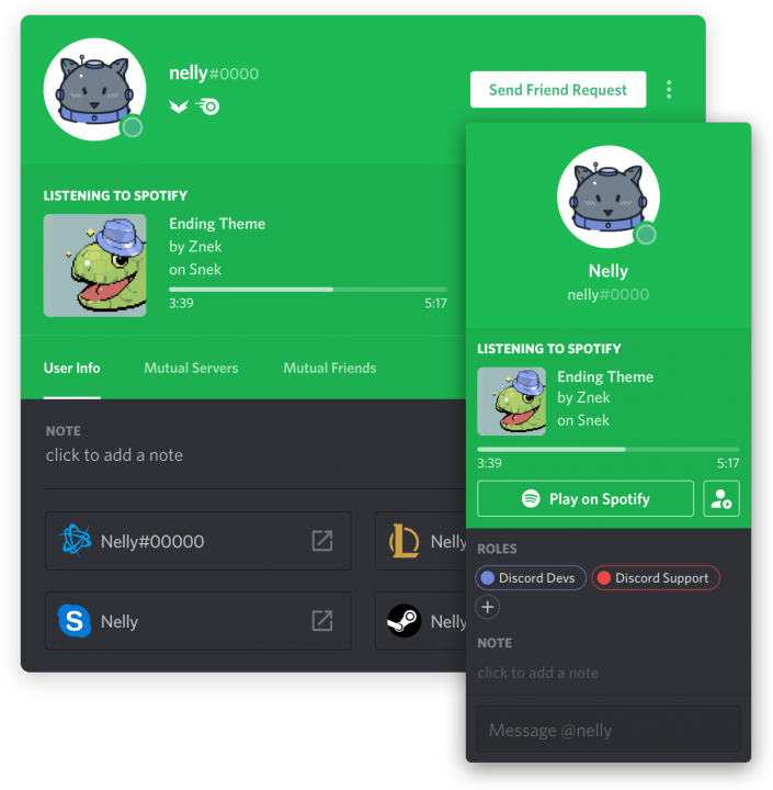 Discord 用戶個人資料與 Spotify 整合 壁紙 — 一個充滿活力的綠色 Discord 用戶個人資料疊加層，顯示貓咪頭像和 Spotify 收聽活動，並帶有俏皮的爬蟲類專輯藝術。
