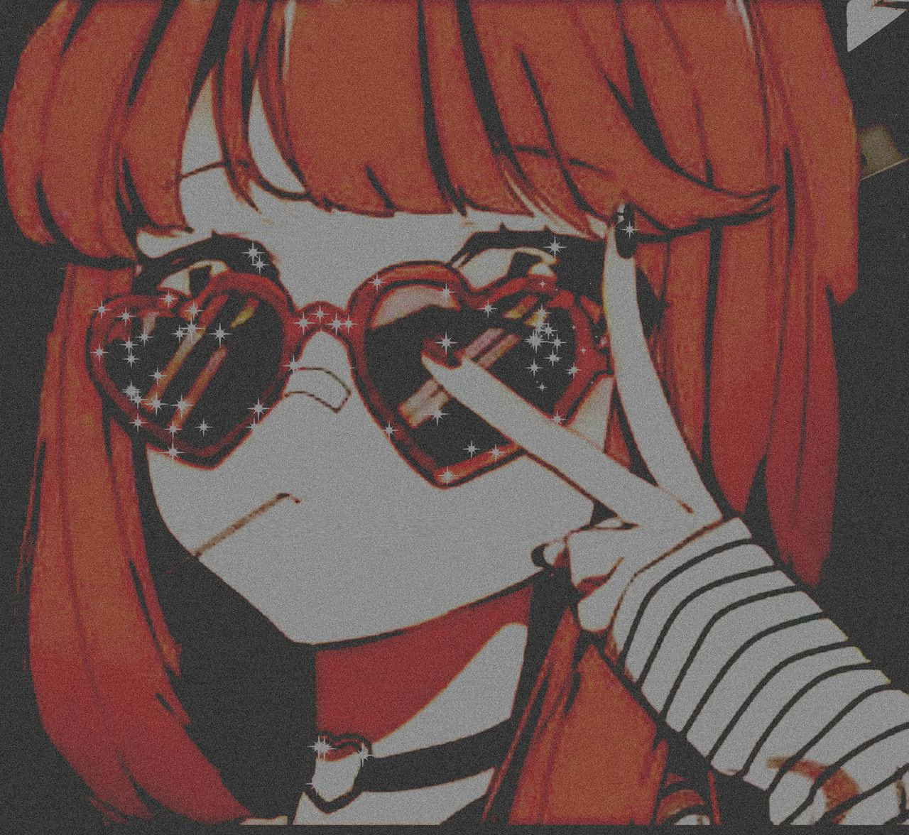 戴心形太陽眼鏡的動漫女孩和平美學 Discord 頭像 壁紙 — 紅髮心形太陽眼鏡動漫女孩在黑暗背景前比出和平手勢。