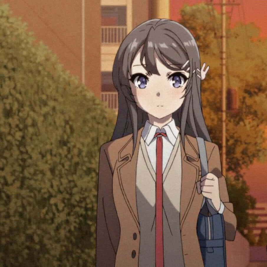動漫女孩穿著校服，在日落時分的秋日街道上拿著背包。