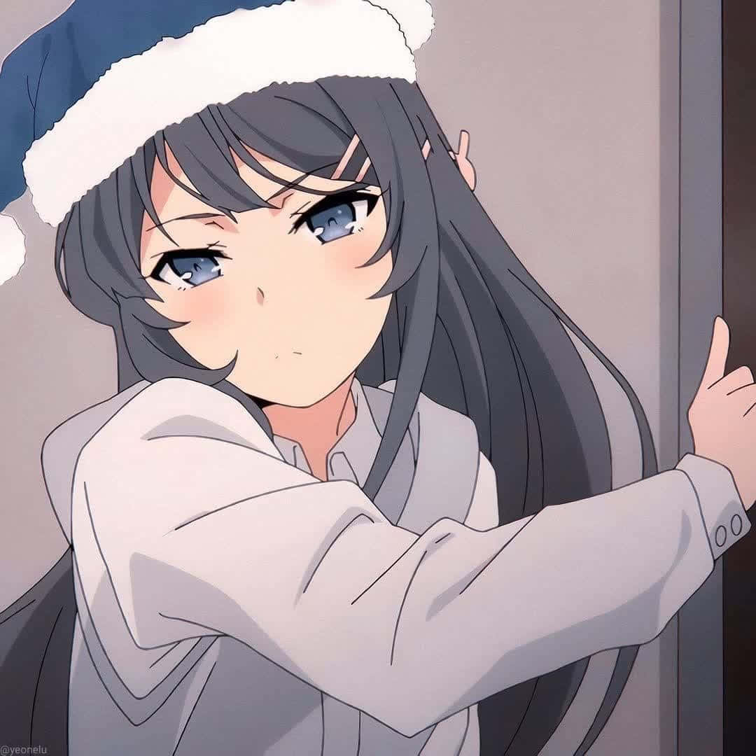 戴聖誕帽的動漫女孩在門後豎起大拇指