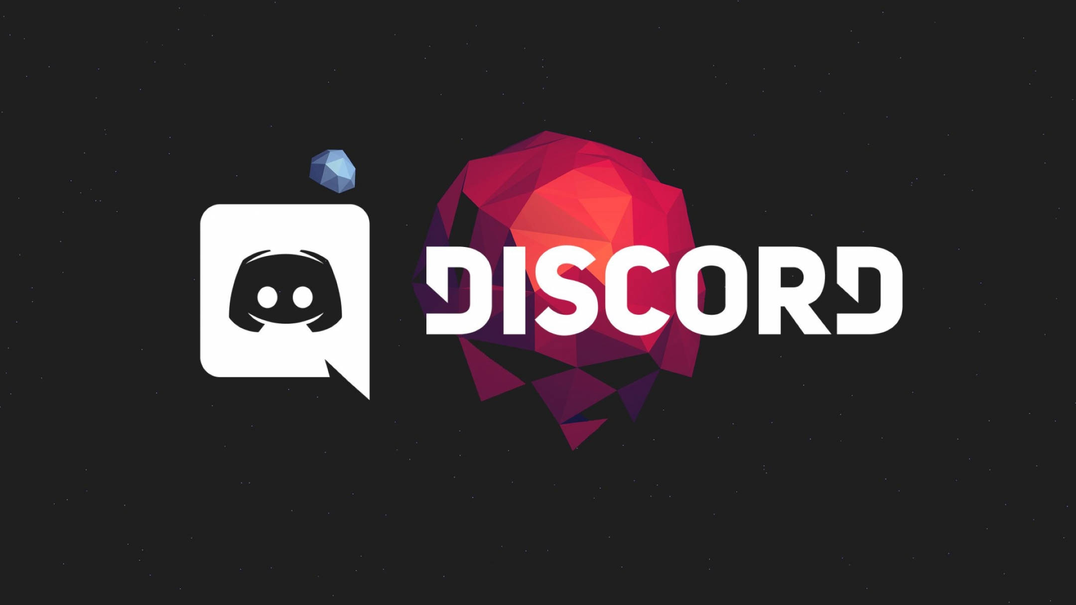 Discord 機器人圖標立體主義風格 壁紙 — Discord 標誌包含一個白色對話框，內有黑色吉祥物和紅色幾何球體，背景為深色星空。