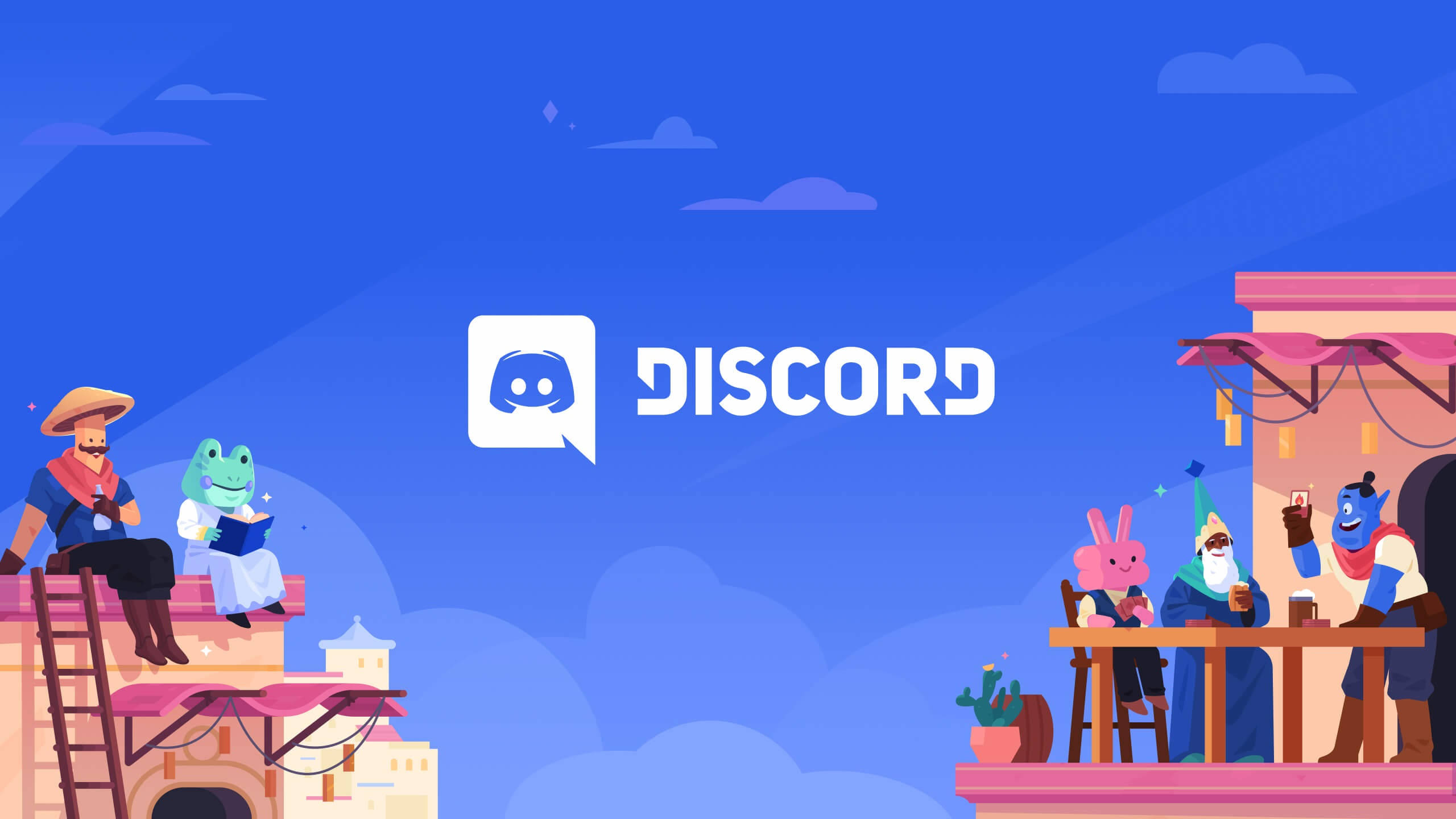 Discord 遊戲社群向量圖 壁紙 — 色彩繽紛的卡通角色在色彩繽紛的屋頂上交際，背景是明亮的藍天，中央有Discord標誌。