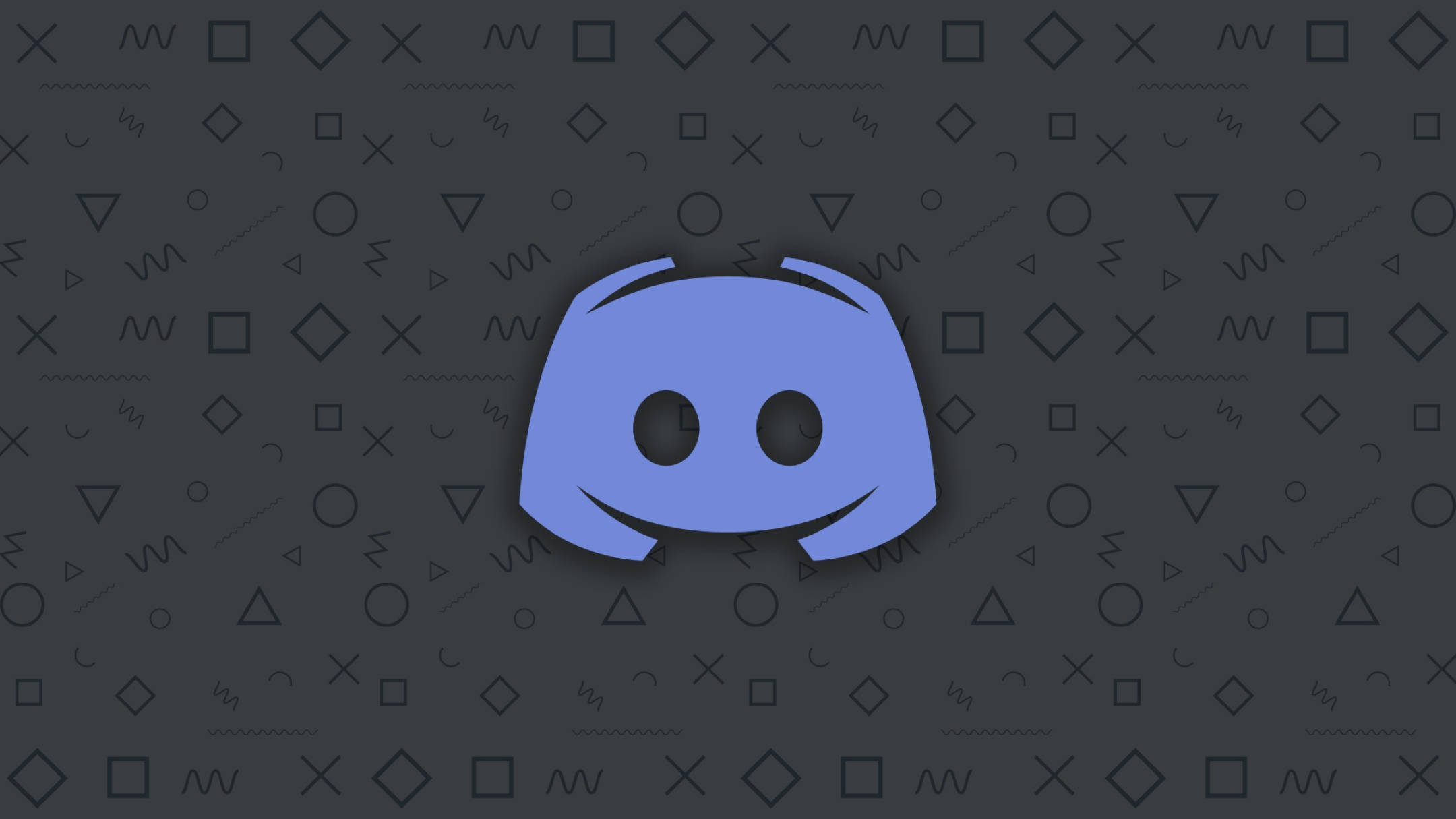 Discord 遊戲風格藝術圖 壁紙 — 一個藍色 Discord 標誌置中於深灰色背景上，帶有散落的幾何形狀。
