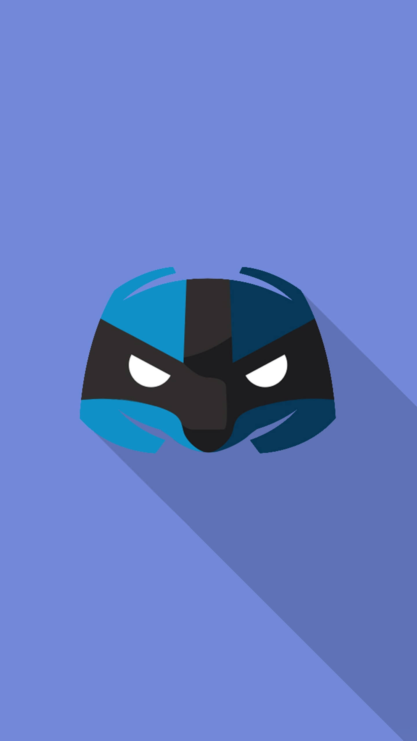 Discord 面具標誌 壁紙 — 一個風格化的藍色和黑色面具，帶有發光的白色眼睛，在純色薰衣草背景上投下長長的陰影。