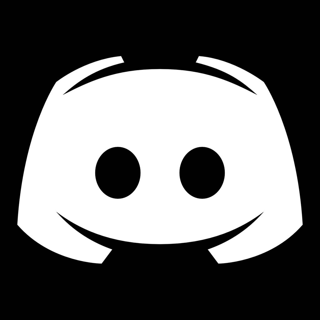 白色 Discord 標誌，帶有笑臉，黑色背景