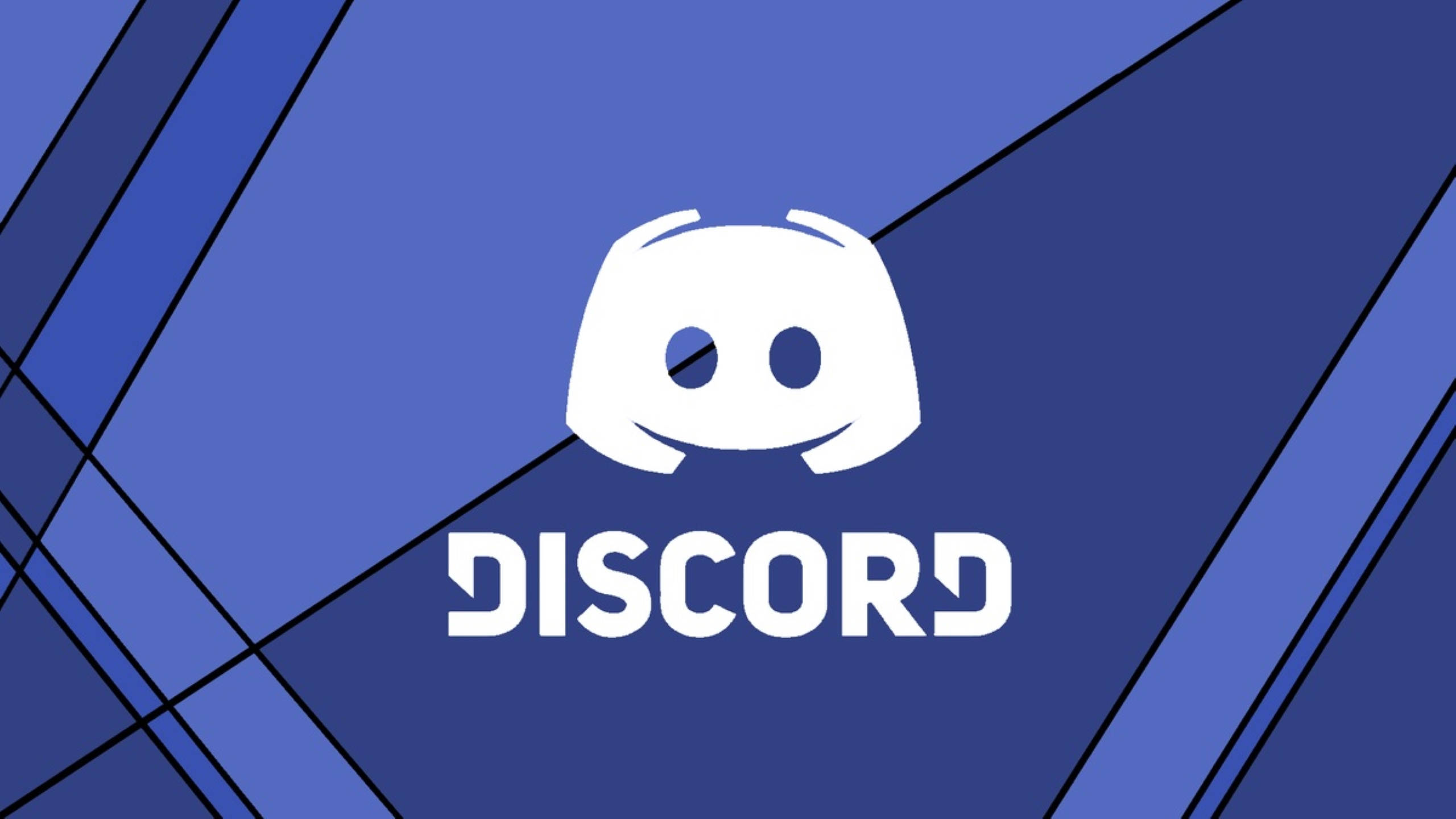Discord標誌幾何藝術圖案 壁紙 — 白色 Discord 標誌居中於藍色漸變背景上，帶有相交的黑色對角線。