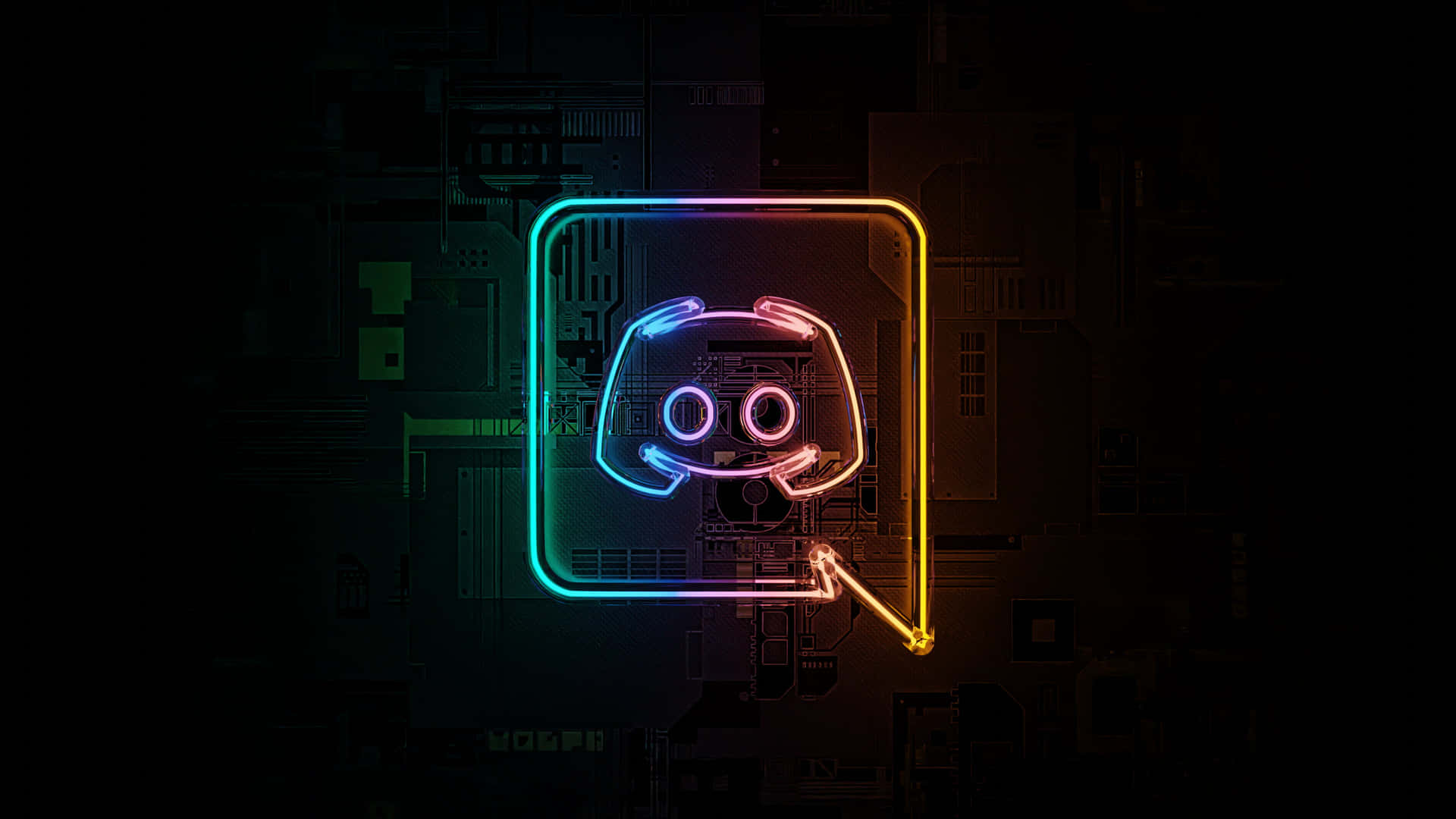 在黑暗的電路板背景上發光的霓虹燈Discord標誌。