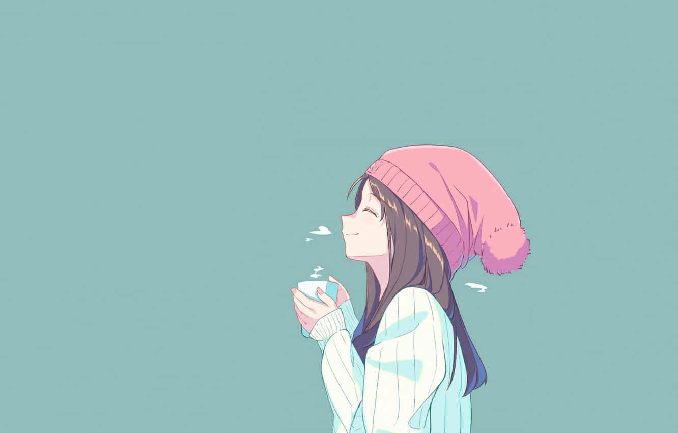 Discord機器人Yui穿青綠色毛衣 壁紙 — 一個戴著粉紅色冷帽的動漫女孩，微笑著在柔和的青綠色背景下喝著熱茶。