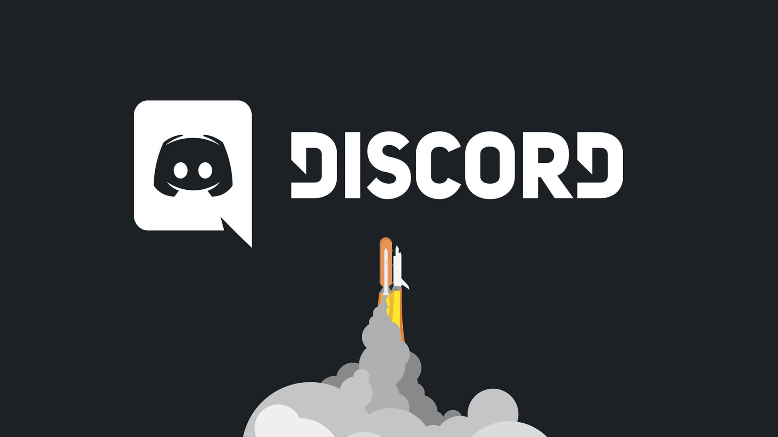 Discord火箭發射向量圖 壁紙 — 一個白色 Discord 標誌懸浮在卡通火箭上方，火箭正發射到黑暗太空，伴隨灰色煙霧。