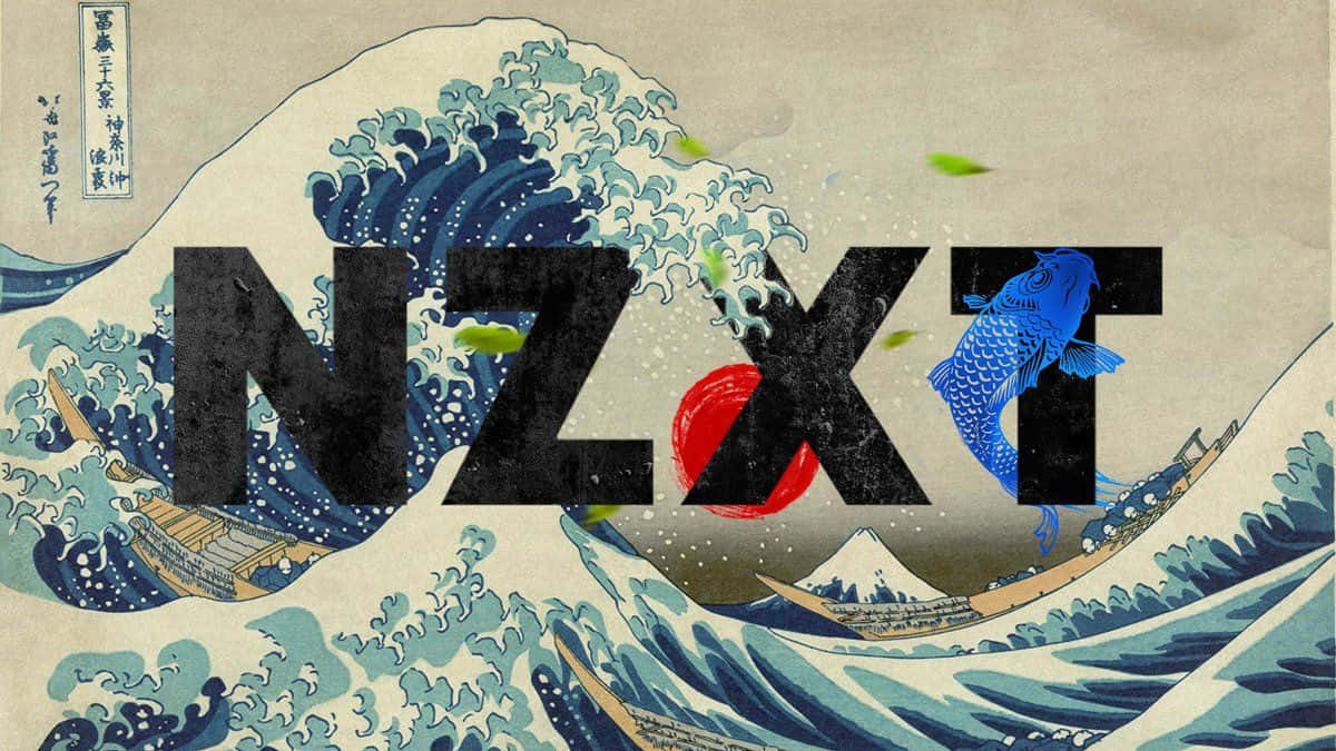 浮世繪風格波浪藝術，帶有NZXT標誌和藍色錦鯉。