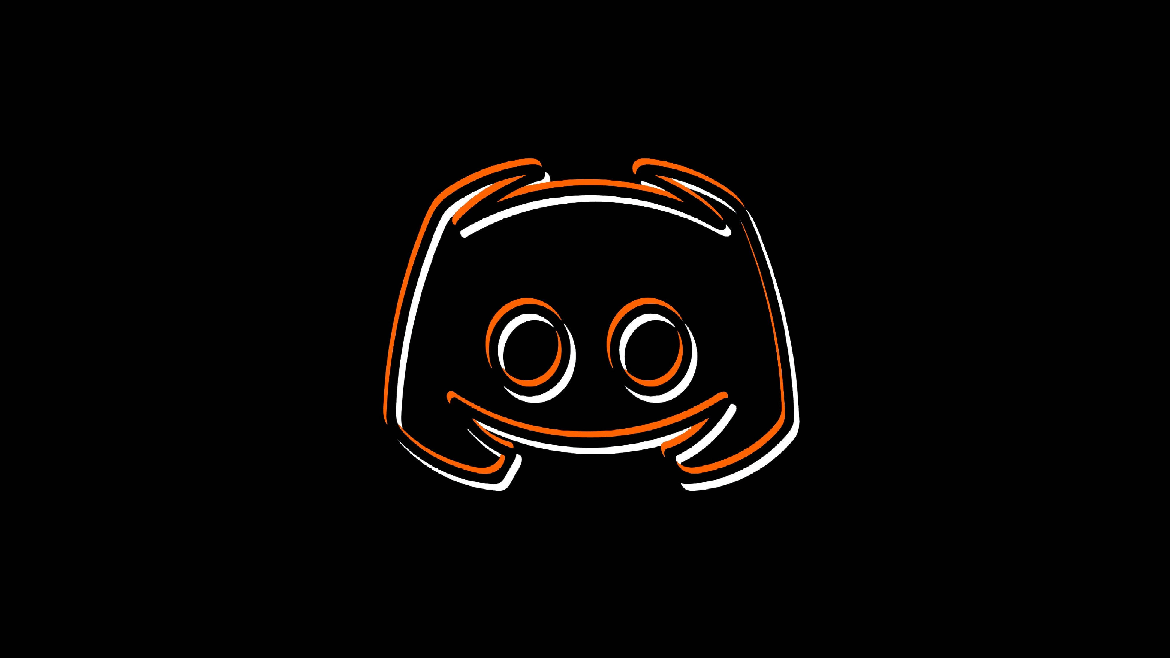 Discord雙線框機器人圖標 壁紙 — 一個發光的橙色和白色輪廓 Discord 標誌，置於純黑色背景上。
