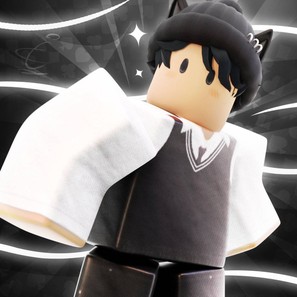 Roblox角色穿著校服和貓耳，站在發光抽象背景前