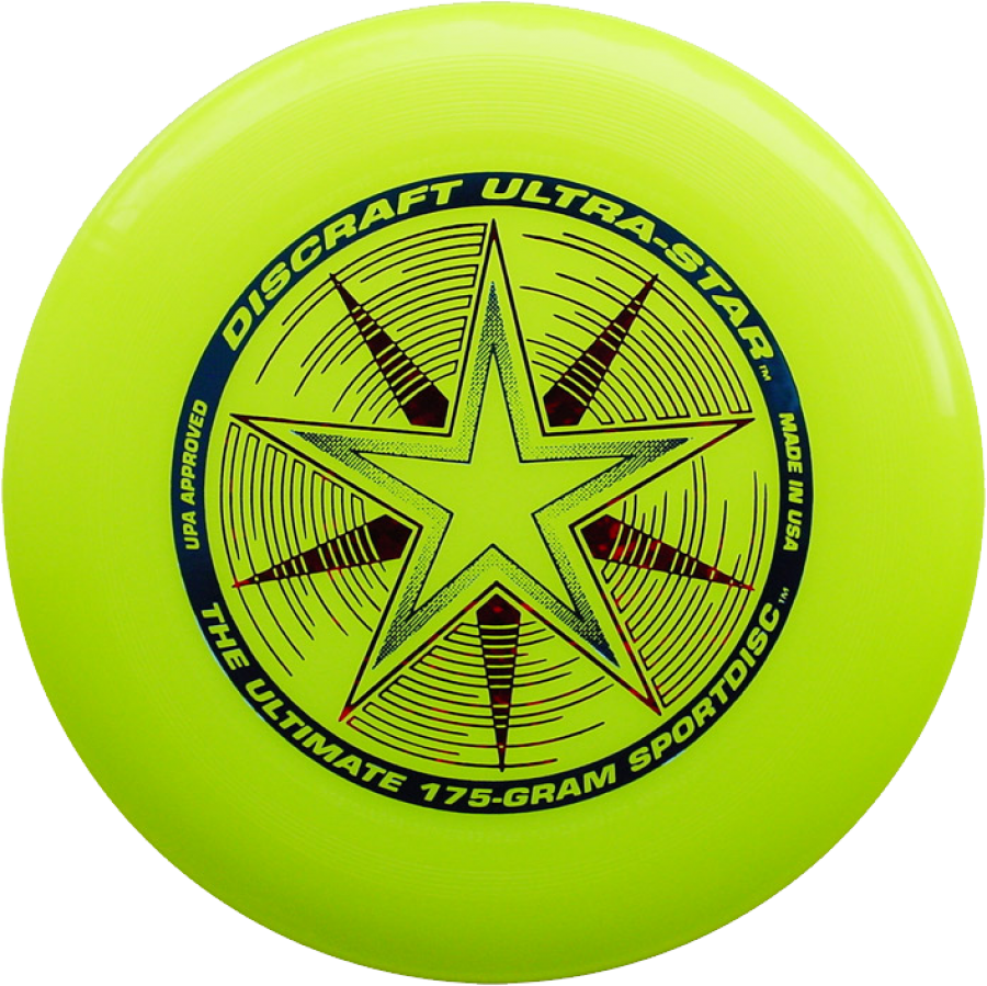 霓虹黃色Discraft極限飛盤 壁紙 — 一個明亮的螢光黃色Discraft Ultra-Star飛盤，帶有醒目的星星標誌和黑色文字，背景為純黑色。