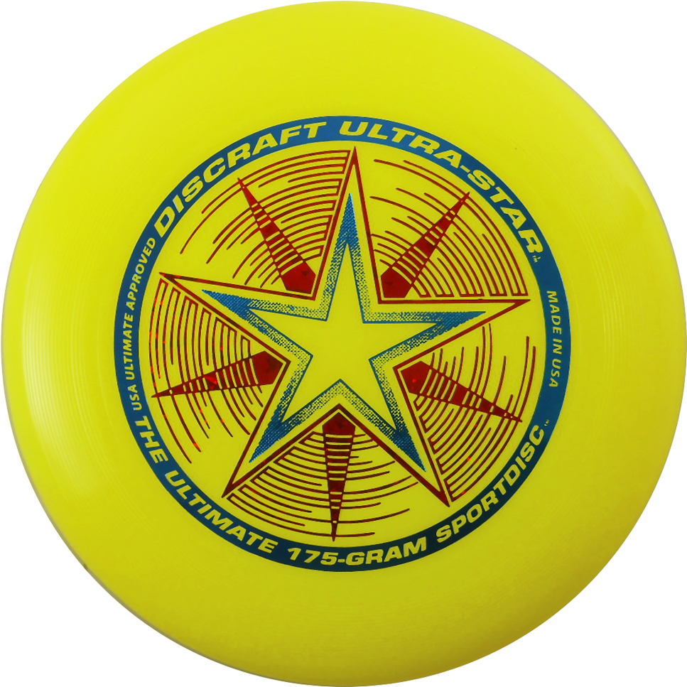 黃色Discraft極限飛盤 壁紙 — 一個亮黃色的Discraft Ultra-Star終極飛盤，帶有醒目的星星標誌和紅藍文字，背景為黑色。