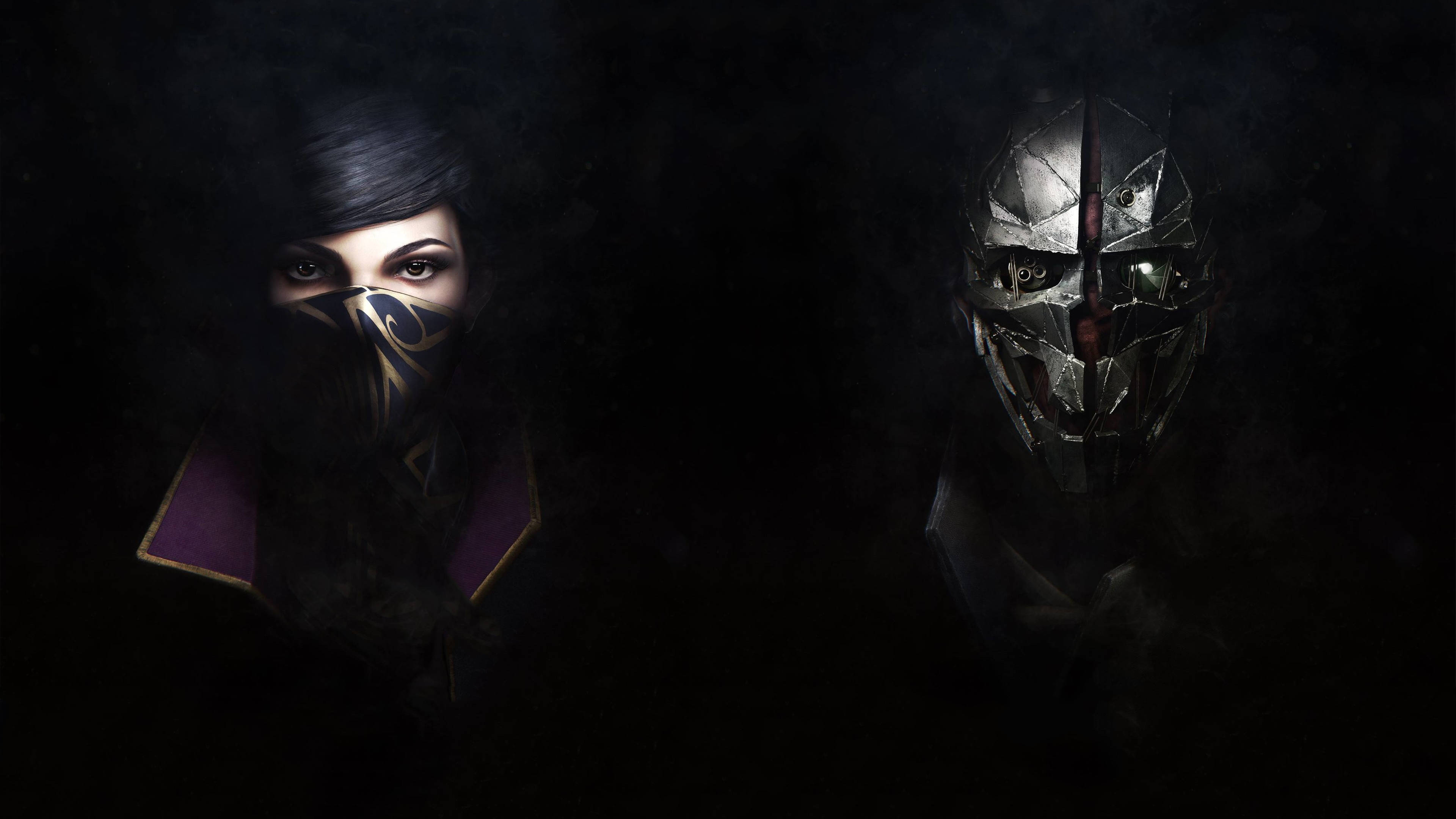 Dishonored 2 艾米莉與科沃暗夜並肩 壁紙 — 兩個神秘人物，一個戴著華麗布料面具，另一個穿著金屬盔甲，站在陰影黑暗中。